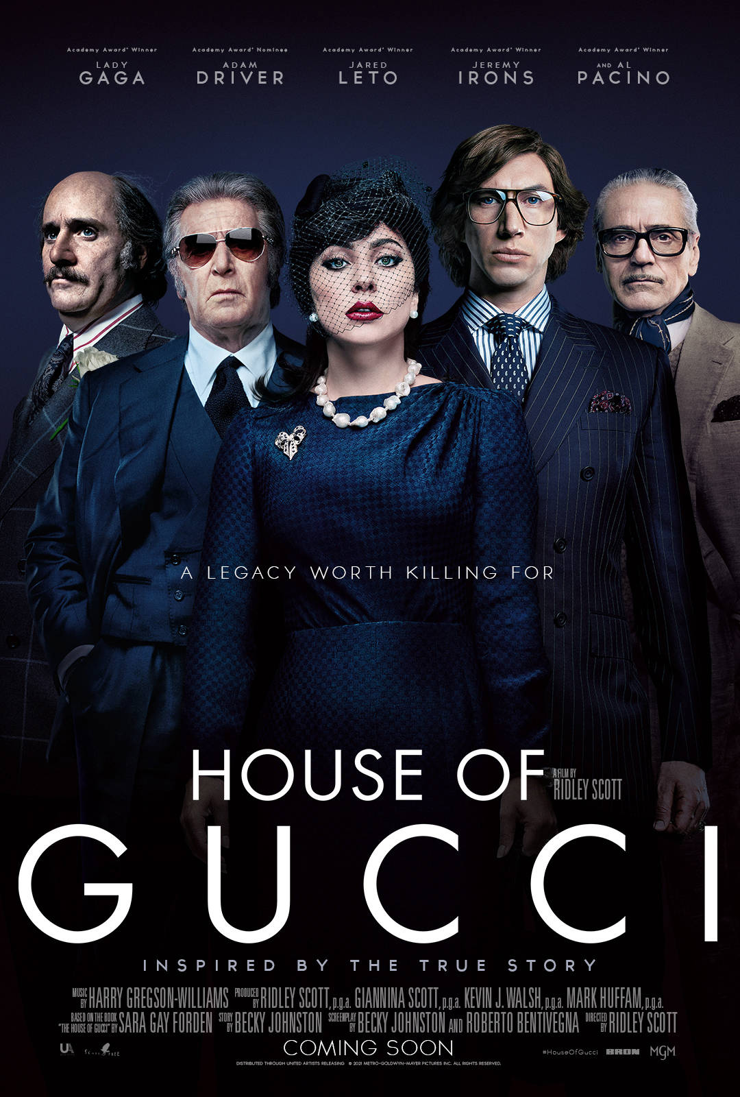 《GUCCI名門望族》電影海報，五位演員身著正式服裝。 — 古奇家族 壁紙