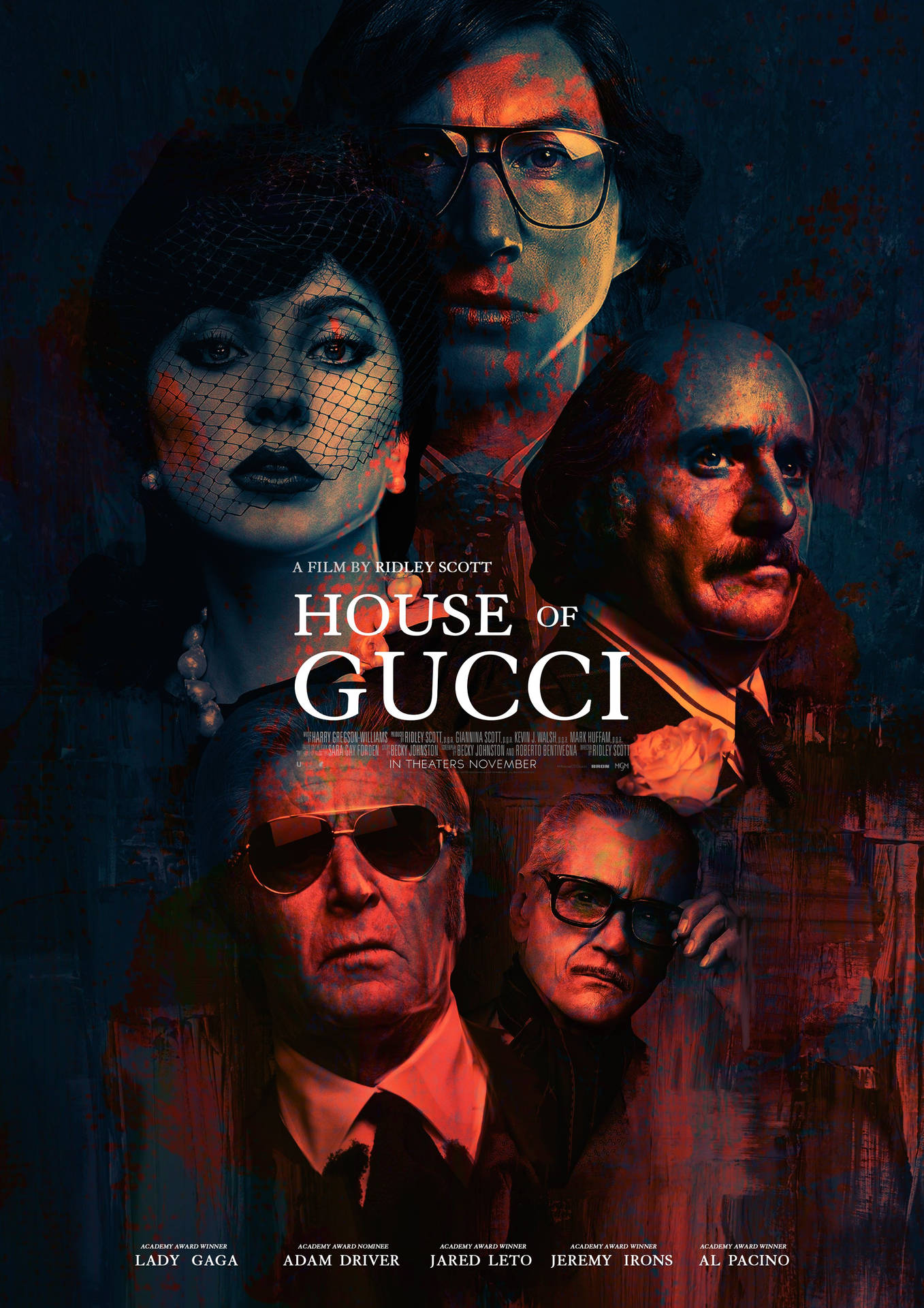 《GUCCI名門望族》電影海報，五名演員在戲劇性燈光下。 — 古奇家族 壁紙