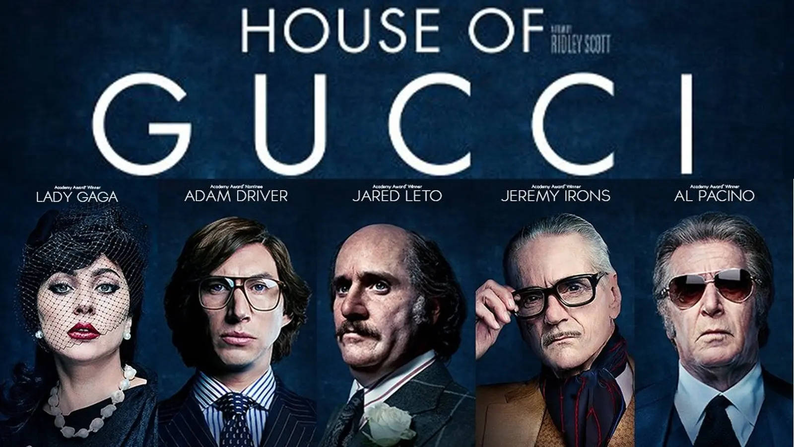 電影《Gucci：豪門謀殺案》的海報，五位主要演員身著正式服裝。 — 古奇家族 壁紙