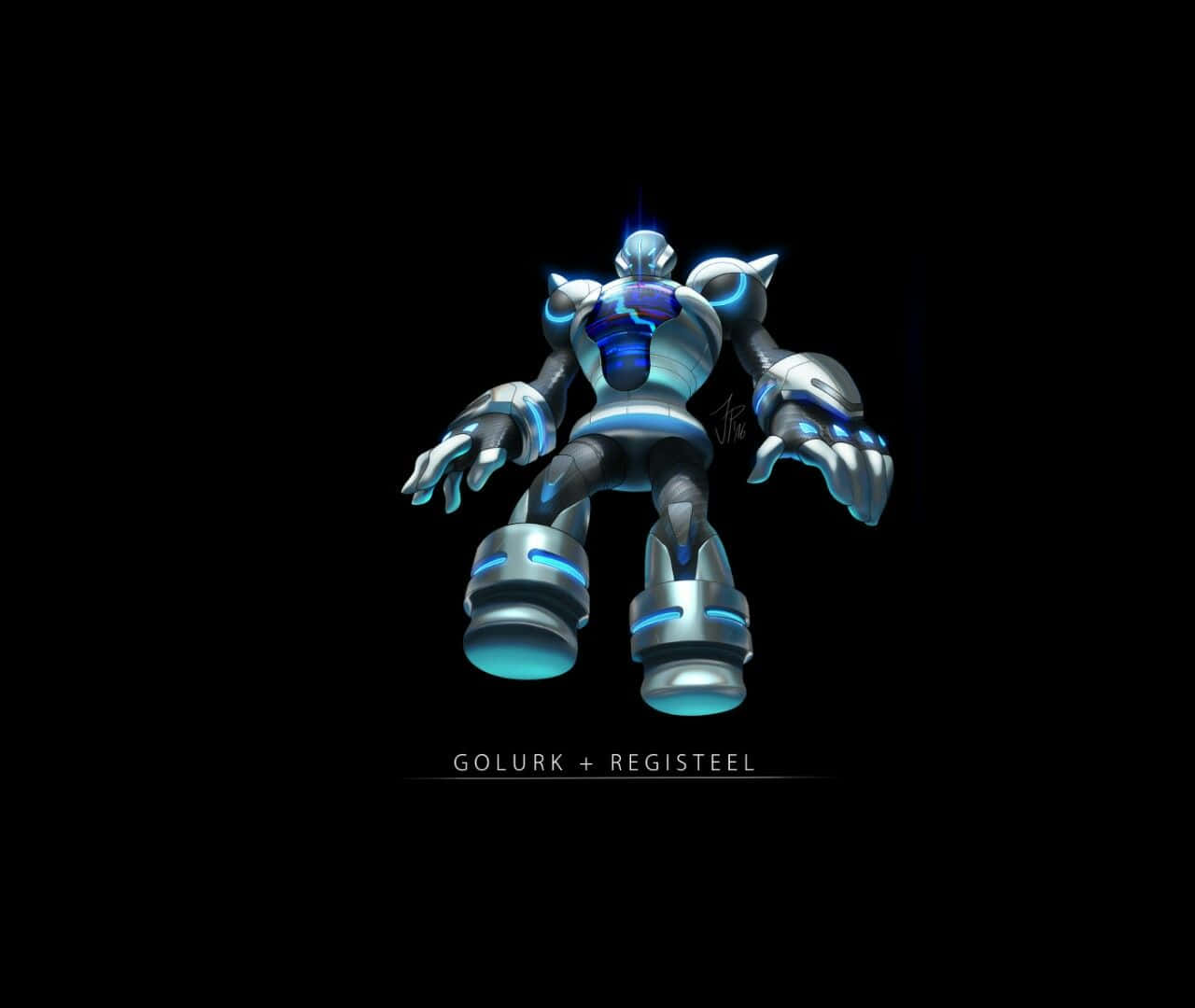 Golurk 和 Registeel 融合機械人在黑色背景上發出藍光