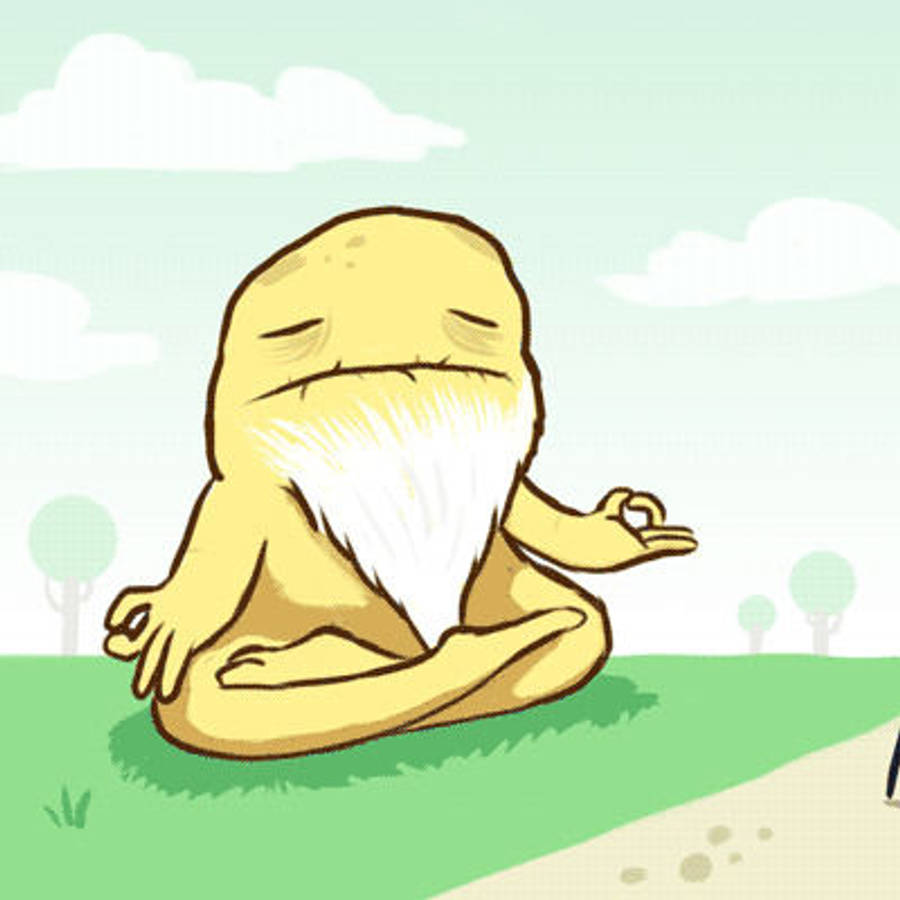 古魯納納克·德夫·吉靈感趣味藝術諺語圖 壁紙 — 一個黃色卡通生物，長長的白鬍鬚，盤腿坐在草地上冥想，天空蒼白。