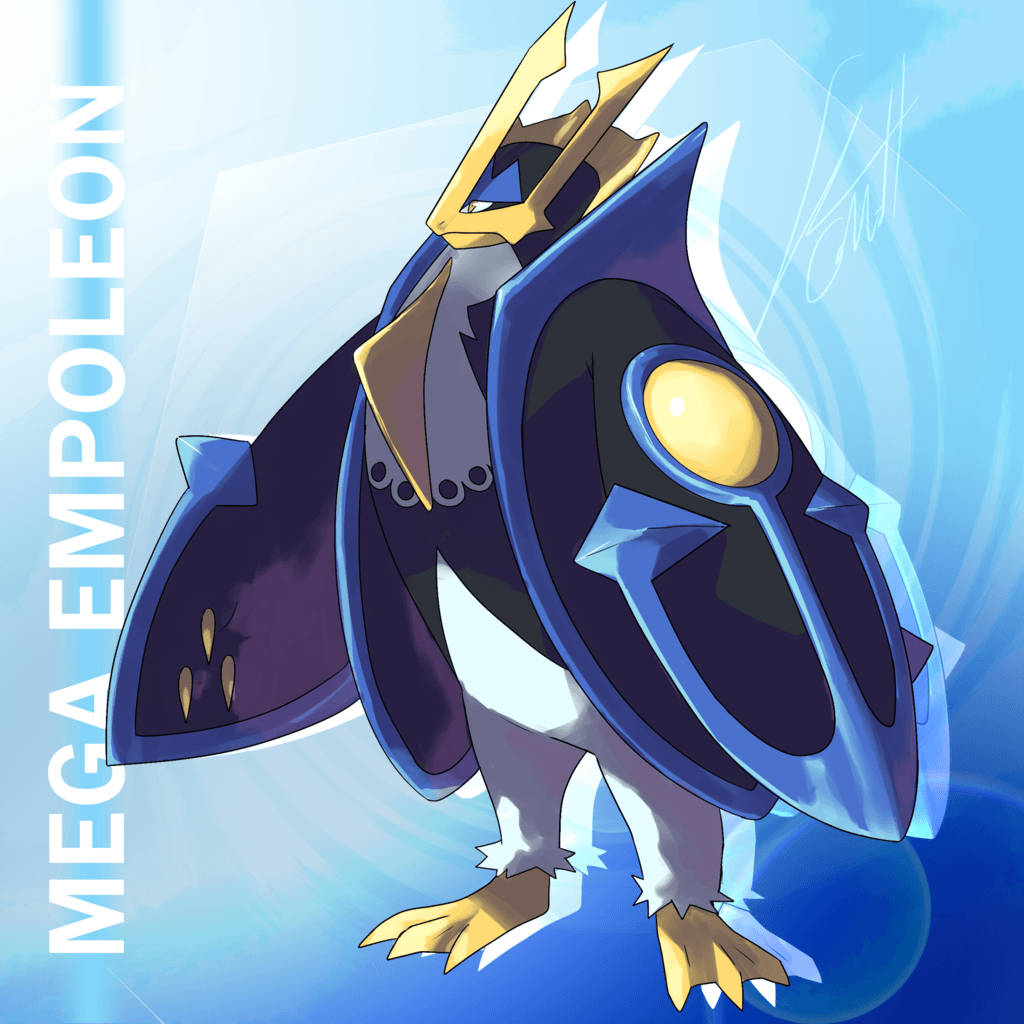 另類 Mega 帝牙盧卡藝術畫 壁紙 — Mega Empoleon 在動態藍色漸變背景中自豪地站立，帶有發光的金色點綴和鋒利的角狀盔甲。