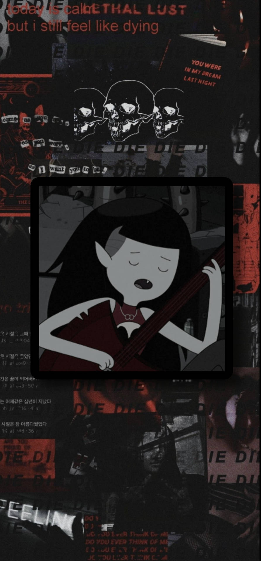 動漫女孩在帶有骷髏和文字的深紅黑色牆紙上彈結他。