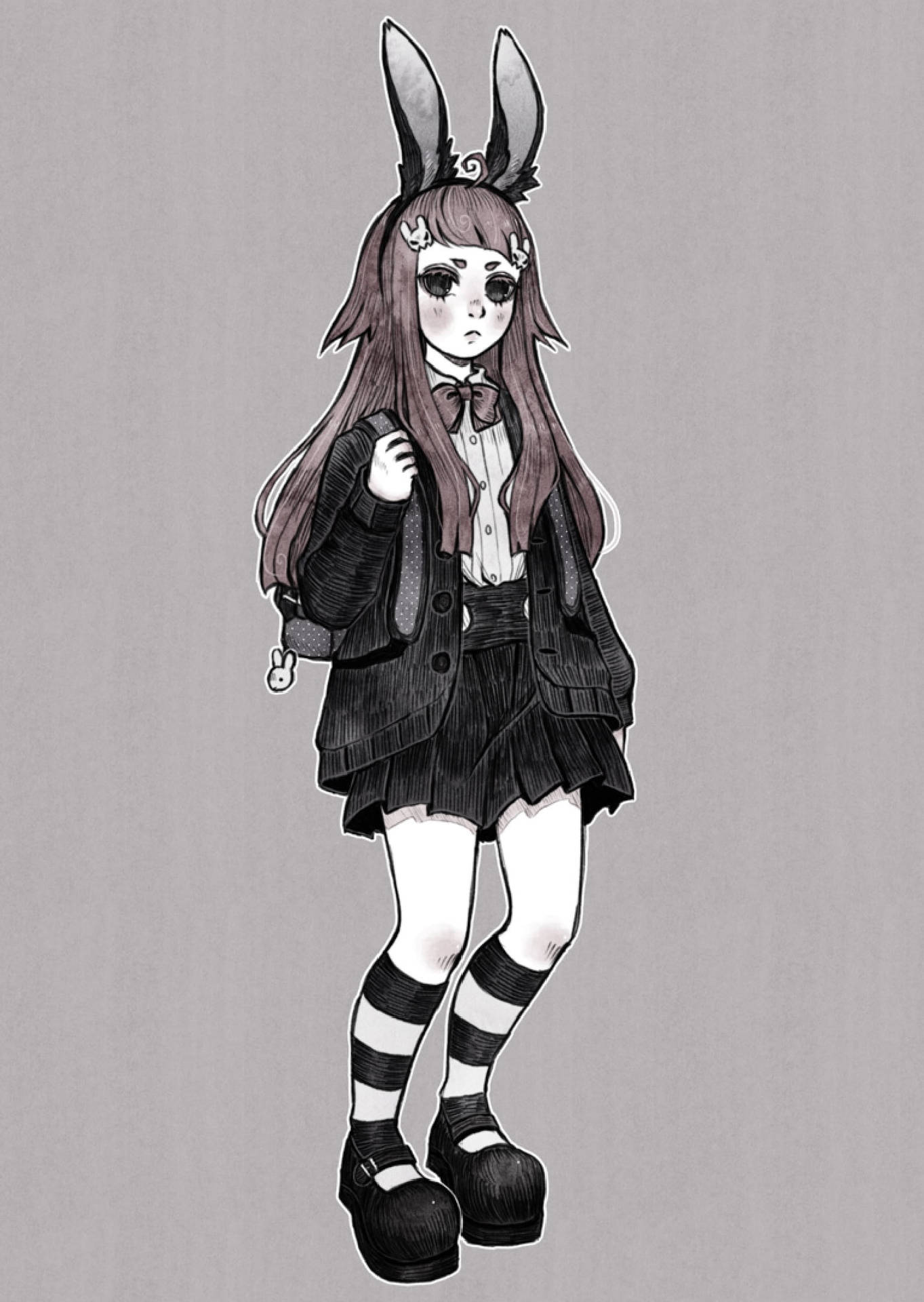 戴著兔耳和條紋襪子的動漫女孩，穿著校服。