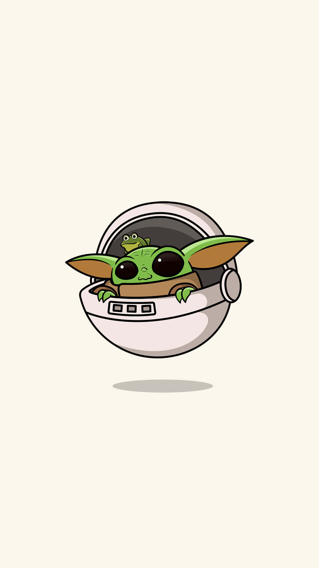 只差一個溫暖擁抱的Baby Yoda 壁紙 — 一個可愛的綠色嬰兒尤達在白色太空船艙中，有一隻小青蛙棲息在他的肩膀上，背景是柔和的米色。