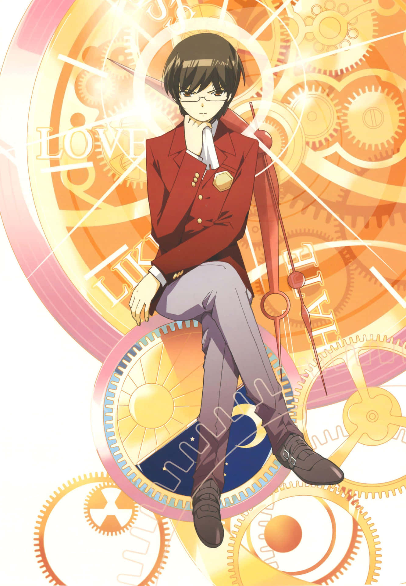 穿紅色外套的動漫男孩坐在齒輪上，帶有愛和讚好文字。