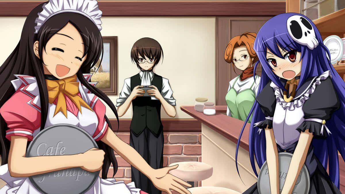 穿著咖啡廳制服的動漫女孩，面帶笑容地為顧客服務。