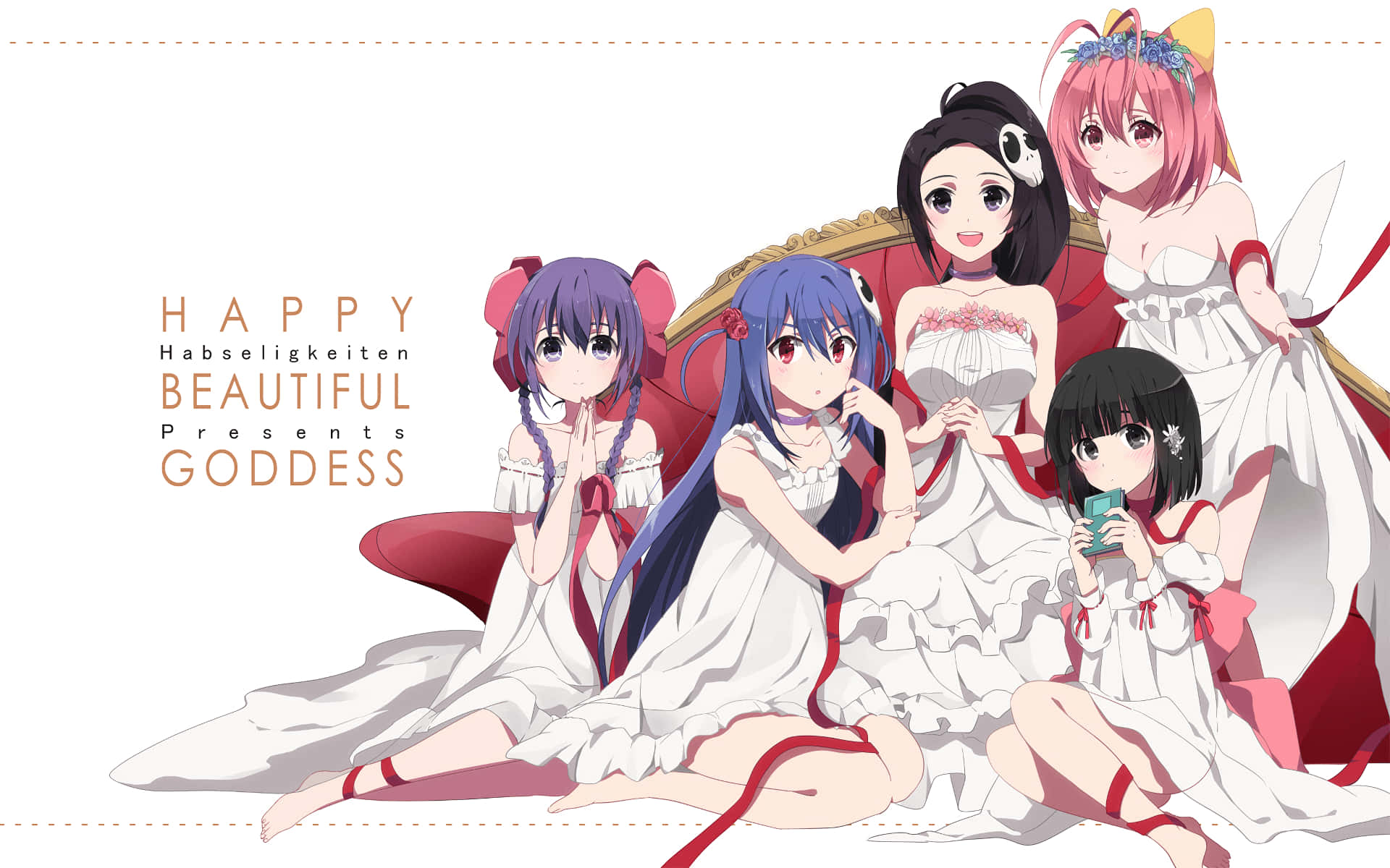 《只有神知道的世界》白裙美女 壁紙 — 五個穿著白色和紅色連衣裙的動漫女孩在紅色沙發上對著純白色背景愉快地擺姿勢。