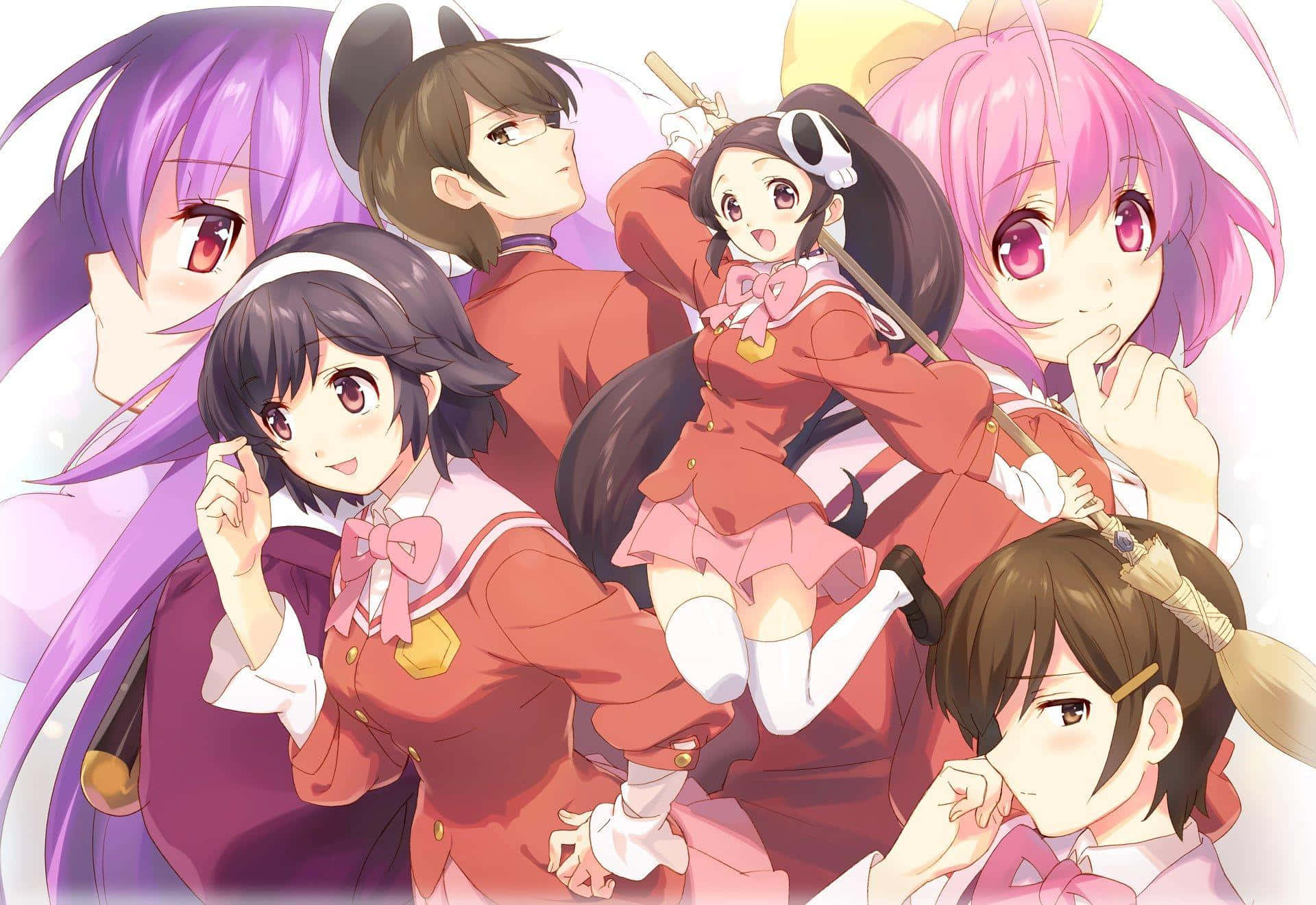 六個穿著紅色校服的動漫女孩，手持魔法棒，表情愉快。