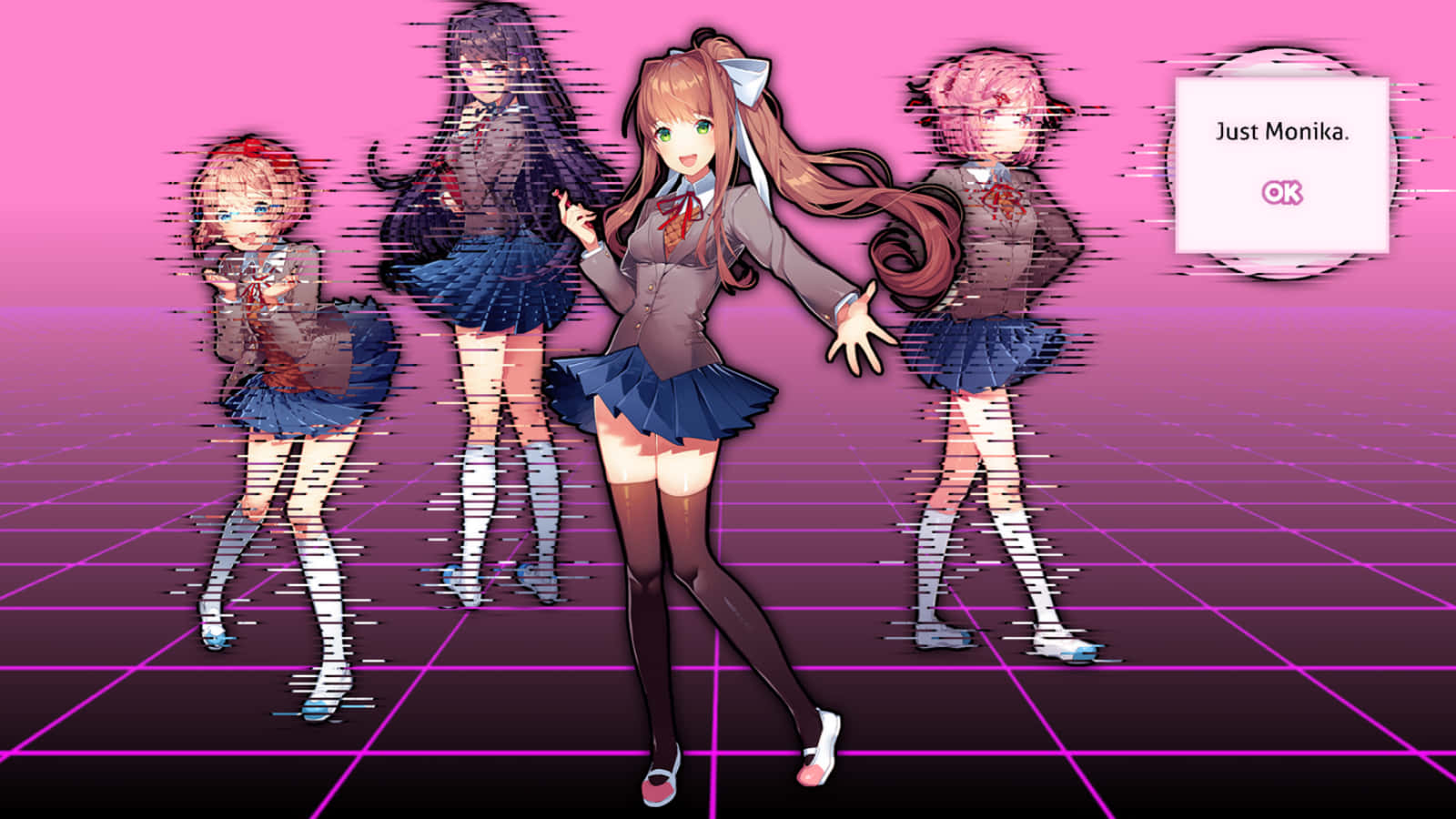 只為 Monika 的 Ddlc 迷你海報 壁紙 — 穿著校服的動漫女孩站在舞台中央，背景是粉紅色網格，帶有故障重複影像。