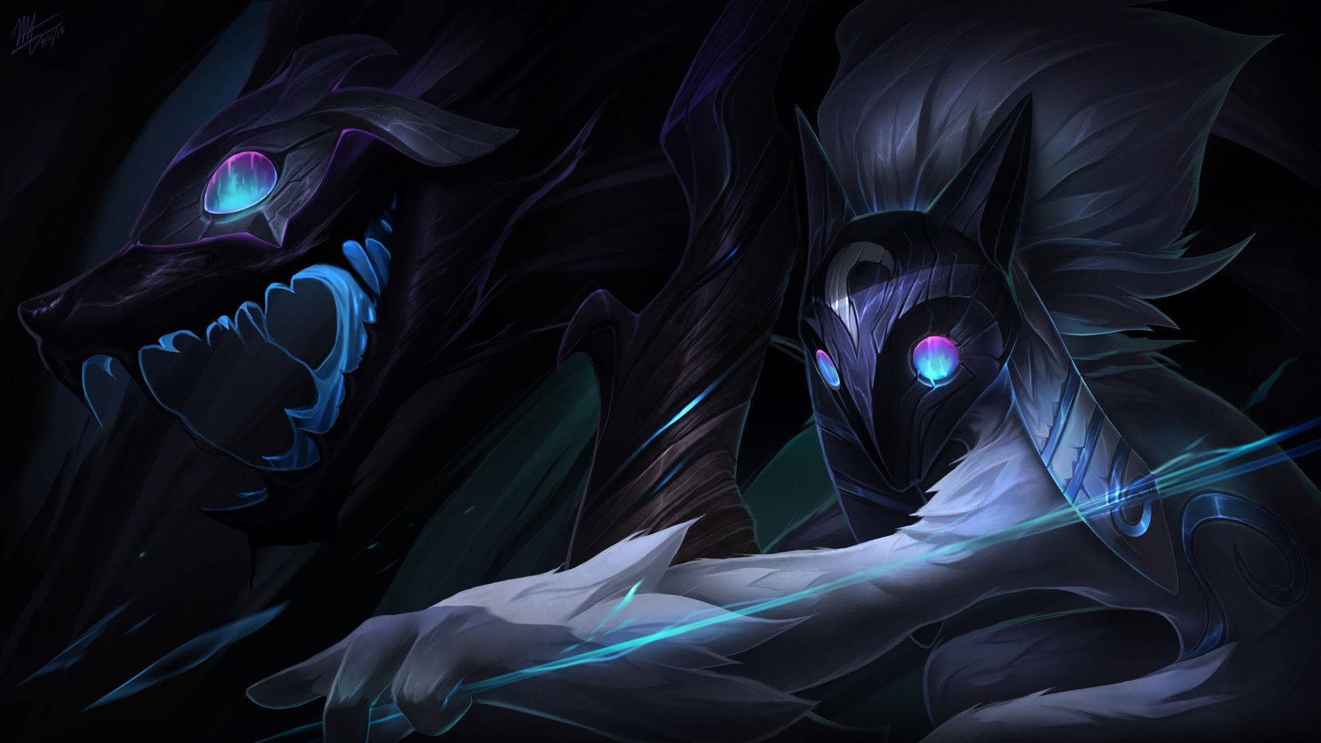 召喚《英雄聯盟》永恆獵手：Kindred 壁紙 — 兩隻暗黑狼形生物，擁有發光紫色眼睛和藍色能量刃，站立在陰影黑暗中。