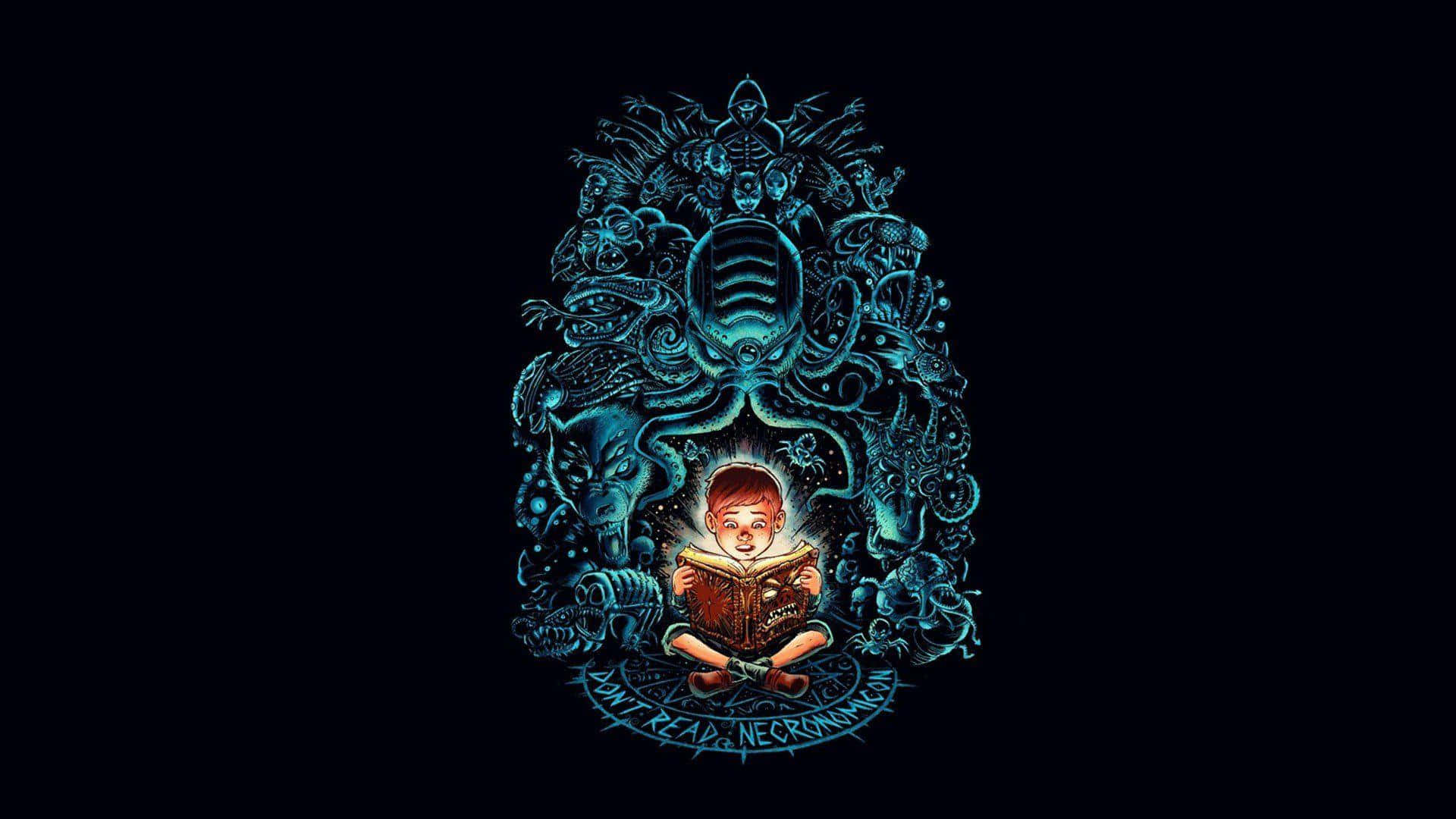 一個男孩在閱讀一本書，被發光的藍色幻想生物包圍。
