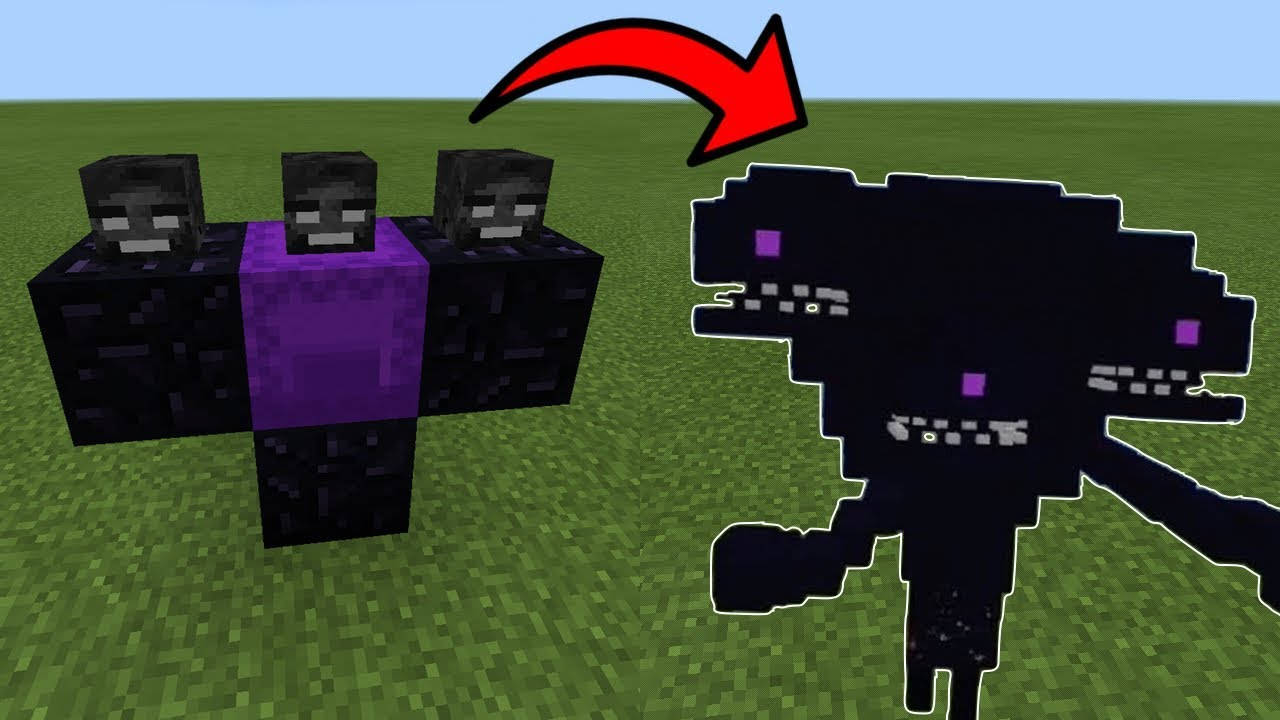 召喚黑色風暴凋零怪 壁紙 — 三個像素化的 Minecraft 終界使者站在草地上，紅色箭頭指向一個正在變身的較大終界使者。