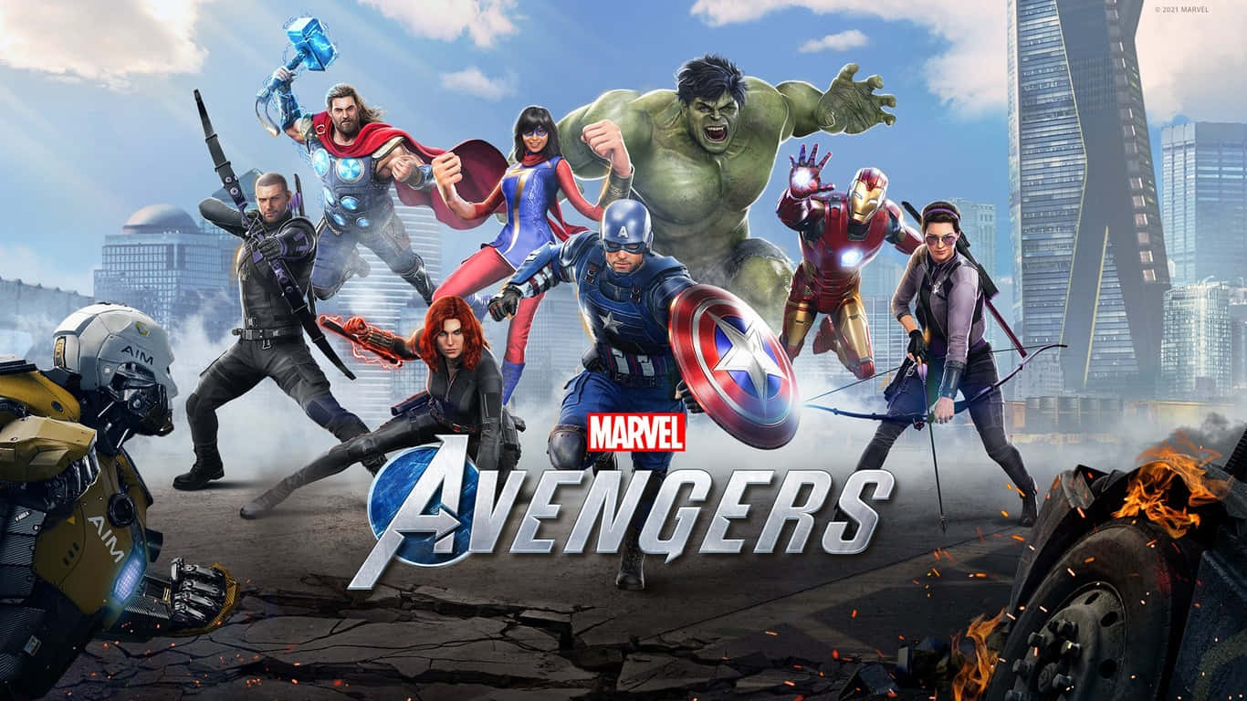 召集復仇者聯盟 壁紙 — Marvel 復仇者聯盟的英雄們在一片破碎的城市景觀中英勇站立，周圍是燃燒的殘骸和高聳的摩天大樓，天空明亮。