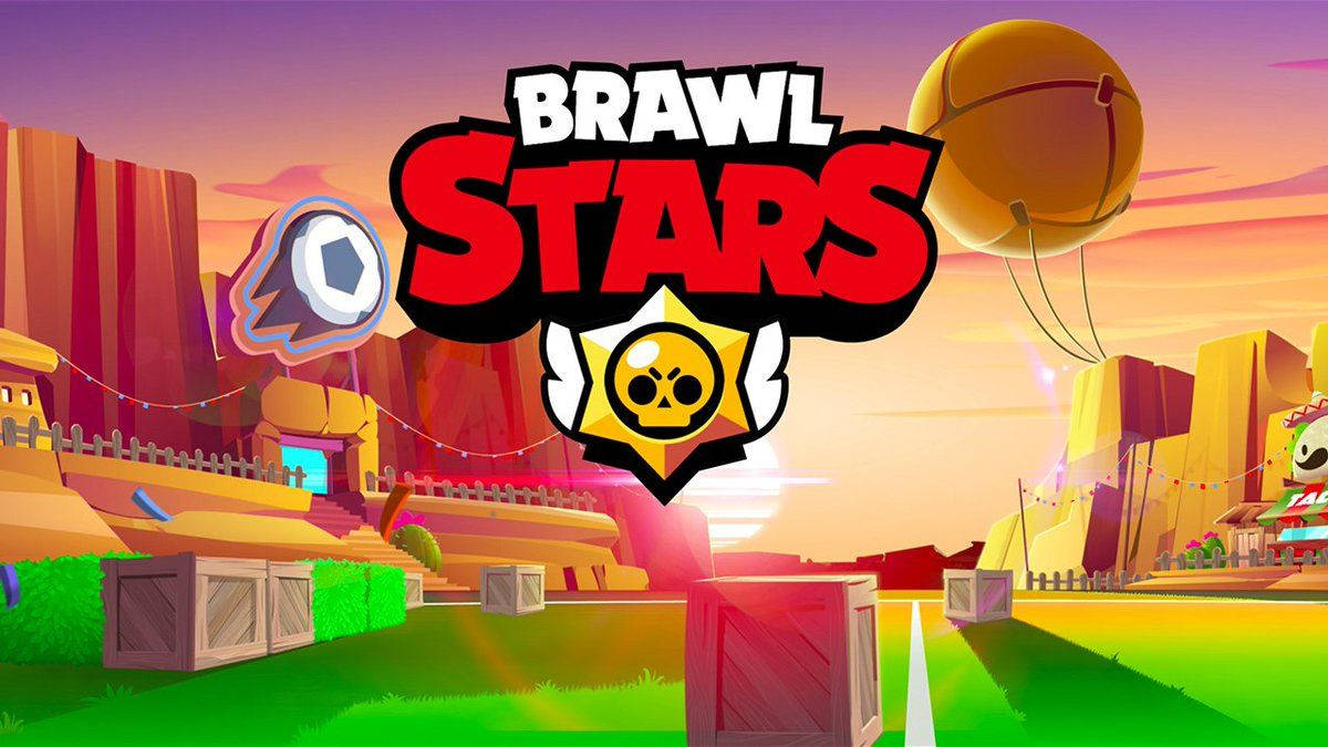 在色彩繽紛的日落峽谷中，帶有漂浮氣球和木箱的 Brawl Stars 遊戲標誌。