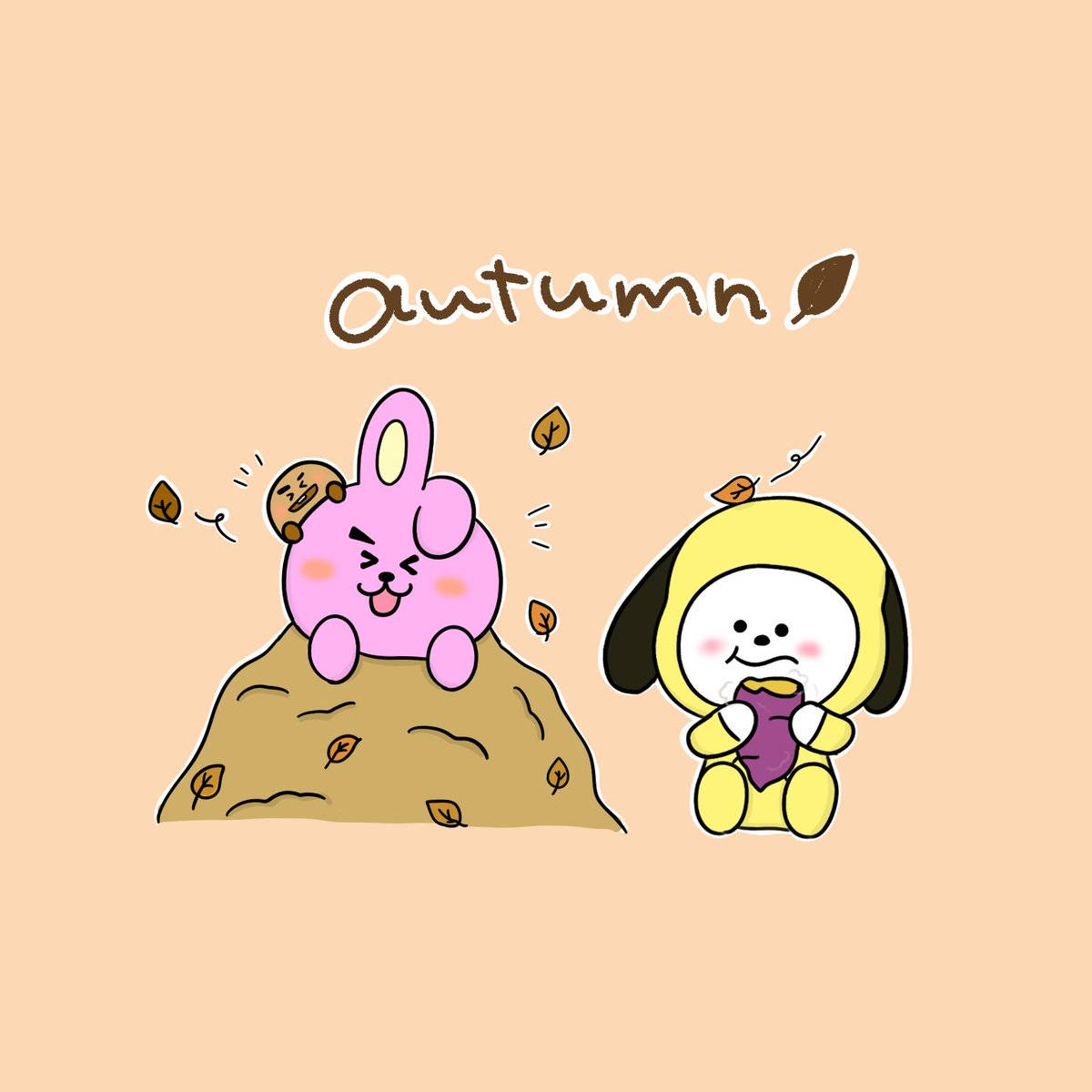 可可與奇米 BT21 壁紙 — 兩個可愛的卡通角色在落葉和溫暖的蜜桃色背景下享受秋天。