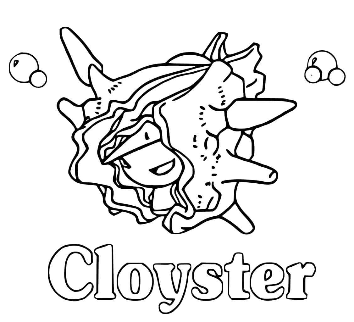 可塗色 Cloyster 畫面 壁紙 — 寶可夢鐵甲貝的黑白線條畫，附近有氣泡漂浮。