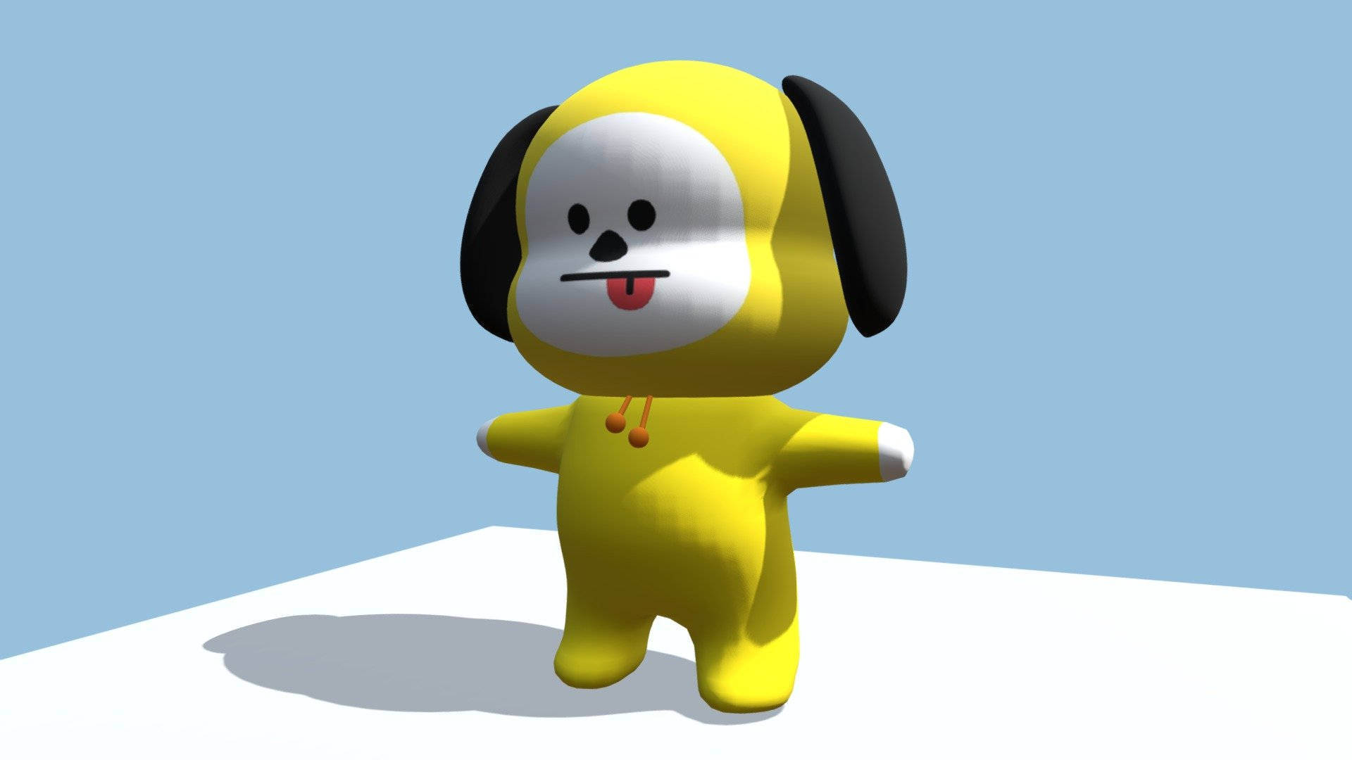 可愛 3D 奇米 BT21 壁紙 — 一隻開心的黃色3D渲染狗角色，黑色耳朵和伸出舌頭，站在白色平台上，背景是淺藍色。
