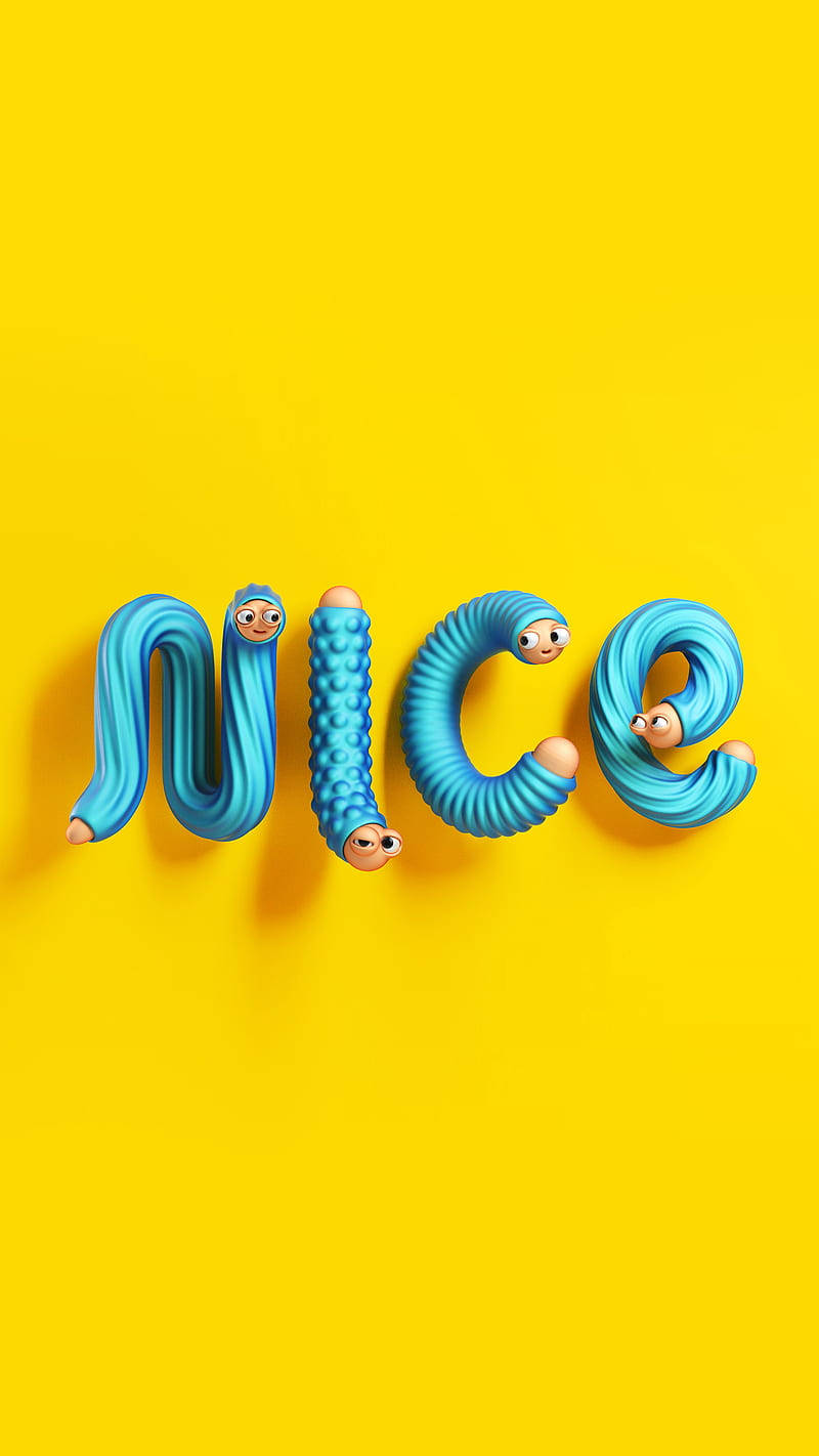 藍色蠕蟲角色在黃色背景上拼寫 nice