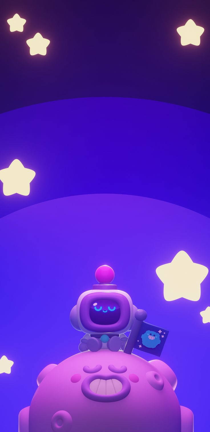 一個友善的紫色機械人在發光的星星下，在微笑的行星上舉著旗幟。
