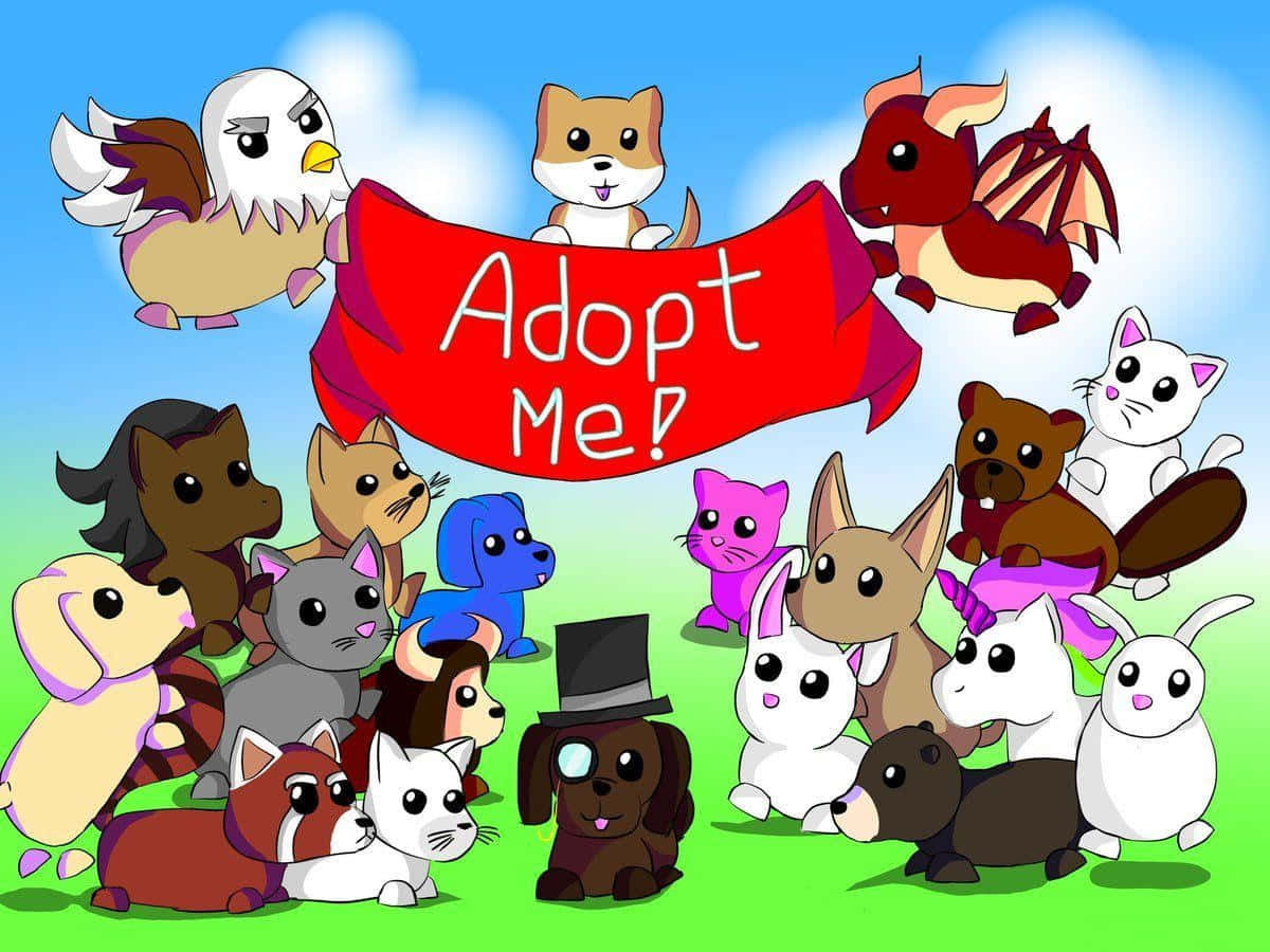 一群卡通動物在草地上舉著「Adopt Me!」橫幅。