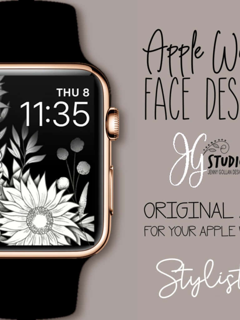 灰色背景上帶有花卉錶面和設計文字的 Apple Watch