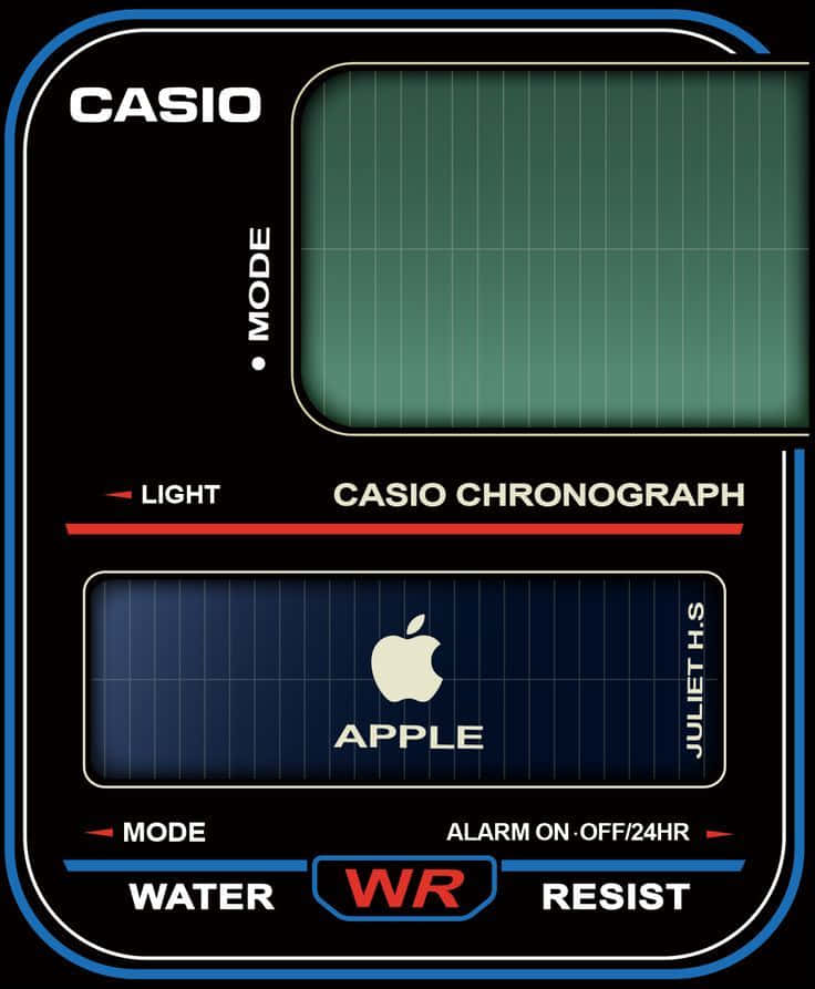 數碼錶面模仿，在網格背景上顯示 Casio 和 Apple 標誌。