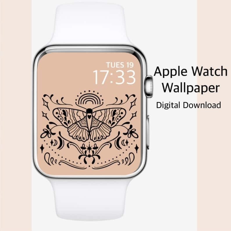 Apple Watch帶有裝飾性飛蛾牆紙，顯示時間和日期。