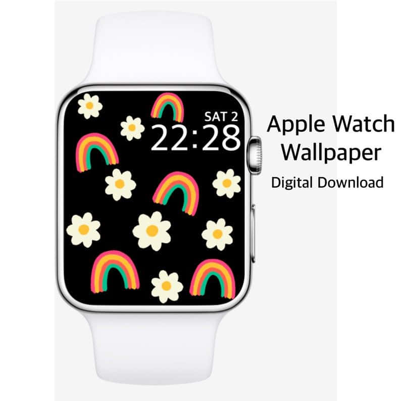 帶有彩虹和雛菊牆紙的Apple Watch顯示時間22:28。 — 蘋果 壁紙