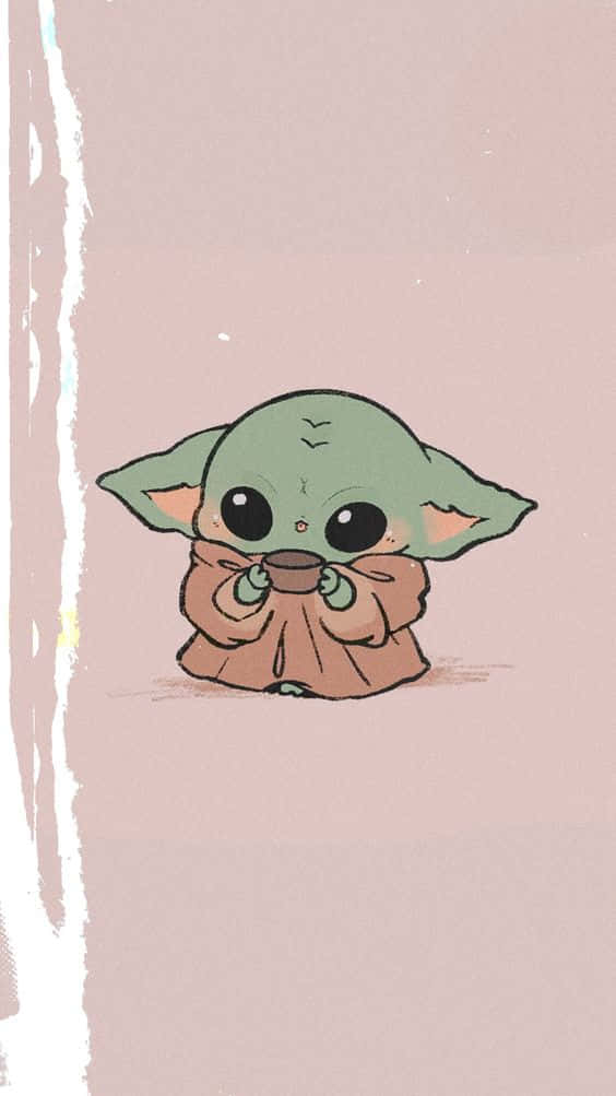 可愛 Baby Yoda 請你加入反抗軍 壁紙 — 一個可愛的綠色 Baby Yoda 穿著棕色長袍，在帶有白色筆觸的柔和粉紅色背景前拿著一個杯子。