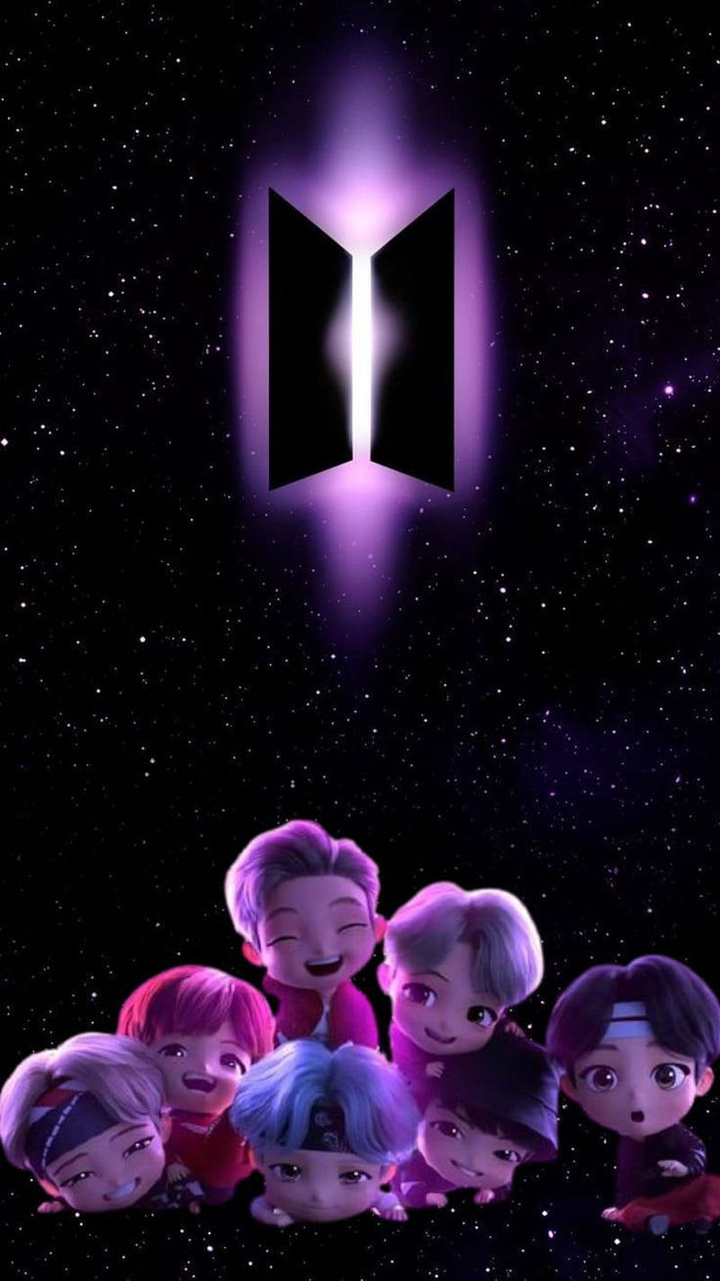 七個Q版BTS成員在太空中仰望他們的發光標誌。