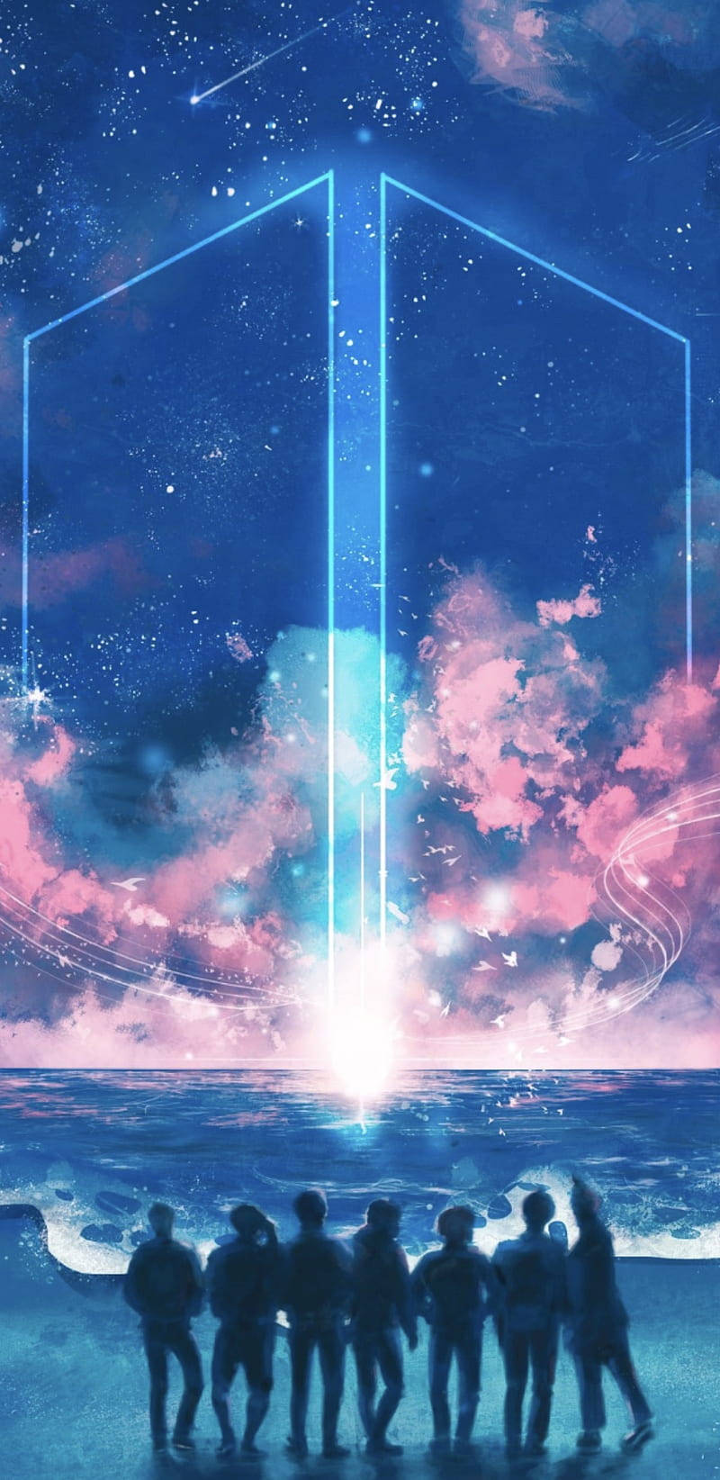 一群人在星空下觀看發光的傳送門在海洋上空打開。
