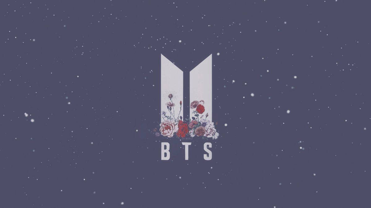 BTS標誌，在繁星點點的紫色背景上有花朵。
