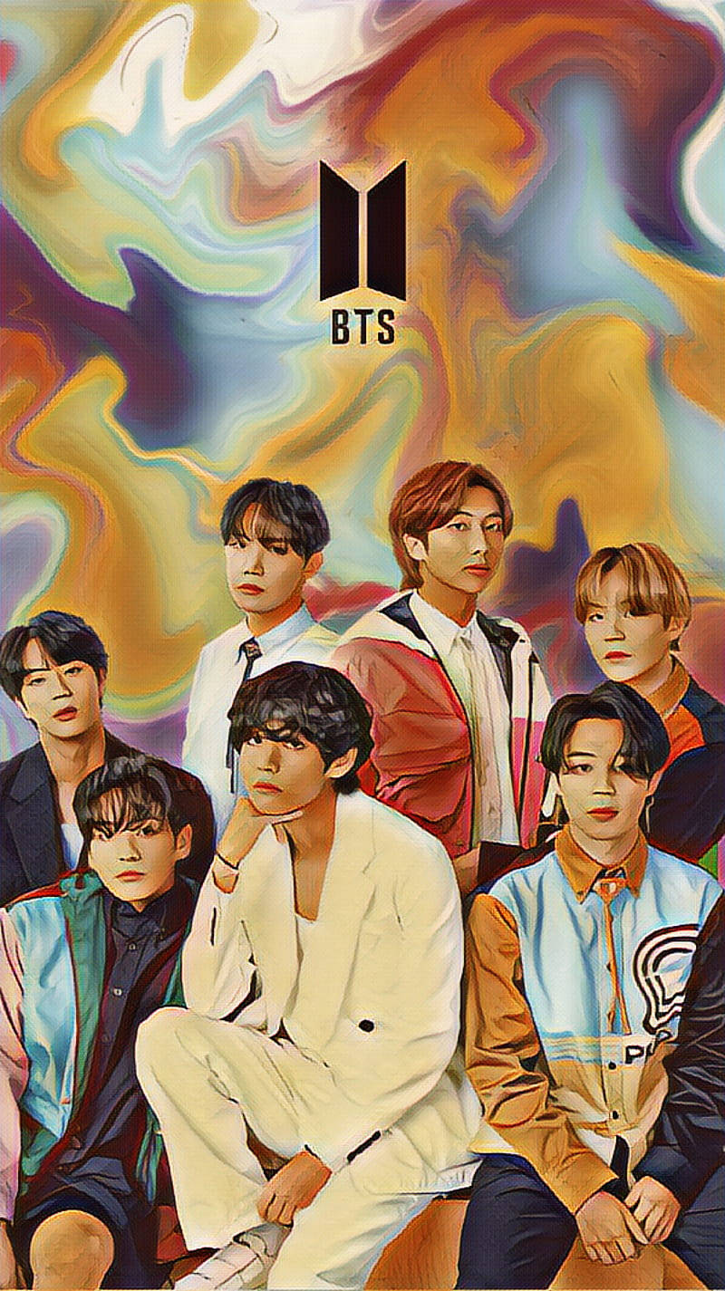 可愛 BTS 畫布插畫 壁紙 — BTS 七位成員在旋轉迷幻背景前自信擺姿勢，其標誌居中在上方。