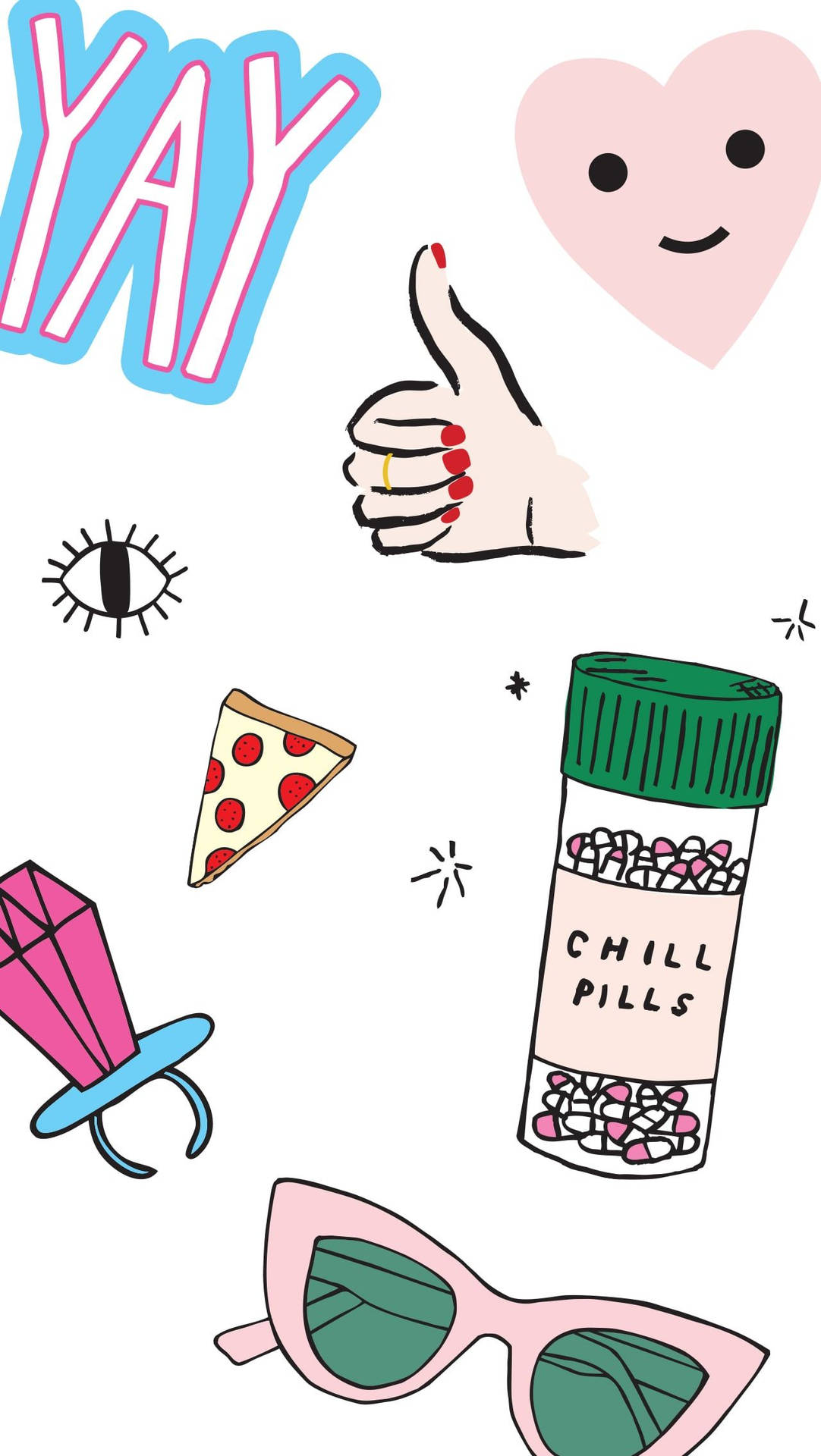 快樂的塗鴉，包括心形、yay、薄餅、 chill pills、太陽眼鏡和奶嘴。