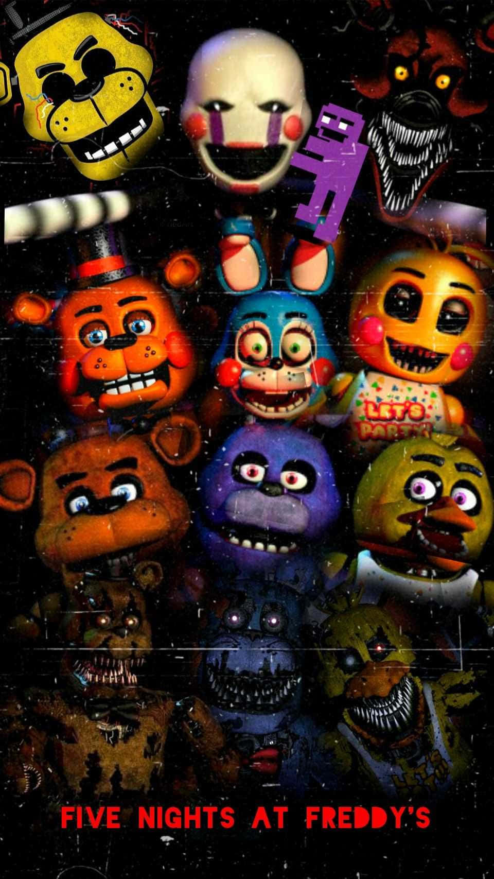 Freddy Fazbear和其他電子動畫角色在陰暗的故障場景中露出可怕的表情。