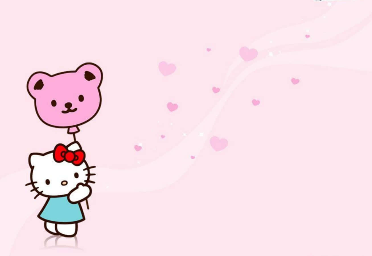 Hello Kitty 拿著粉紅色熊氣球，心形漂浮在粉紅色背景上。