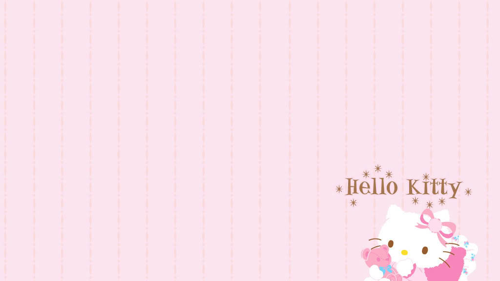 Hello Kitty 在粉紅色條紋背景上抱著泰迪熊，帶有星星裝飾。 — Hello kitty 美學 GIF 壁紙