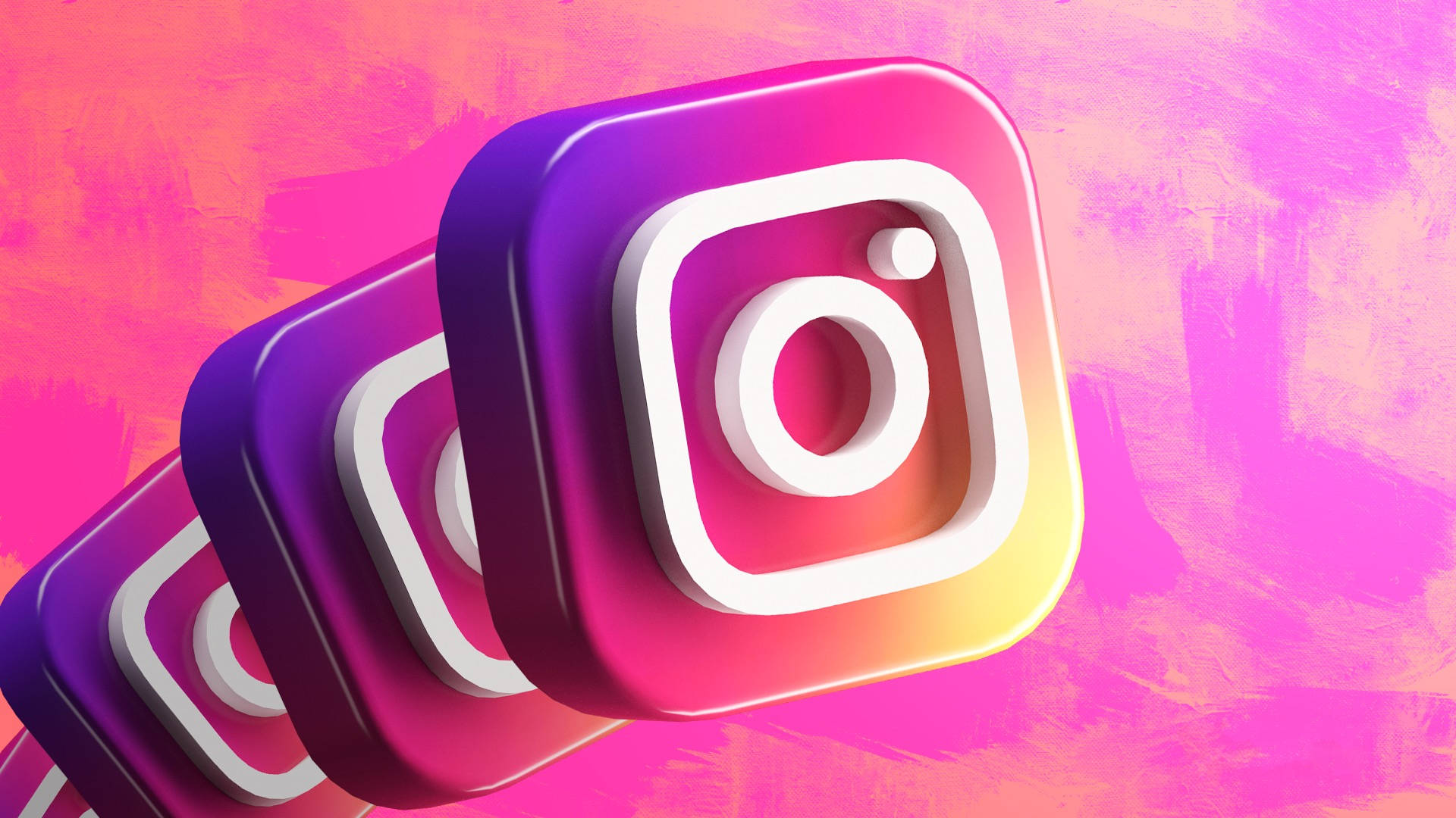 可愛 Instagram 3D 標誌 壁紙 — 三個帶有漸變紫黃色的光澤Instagram標誌漂浮在充滿活力的粉紅色紋理背景上。