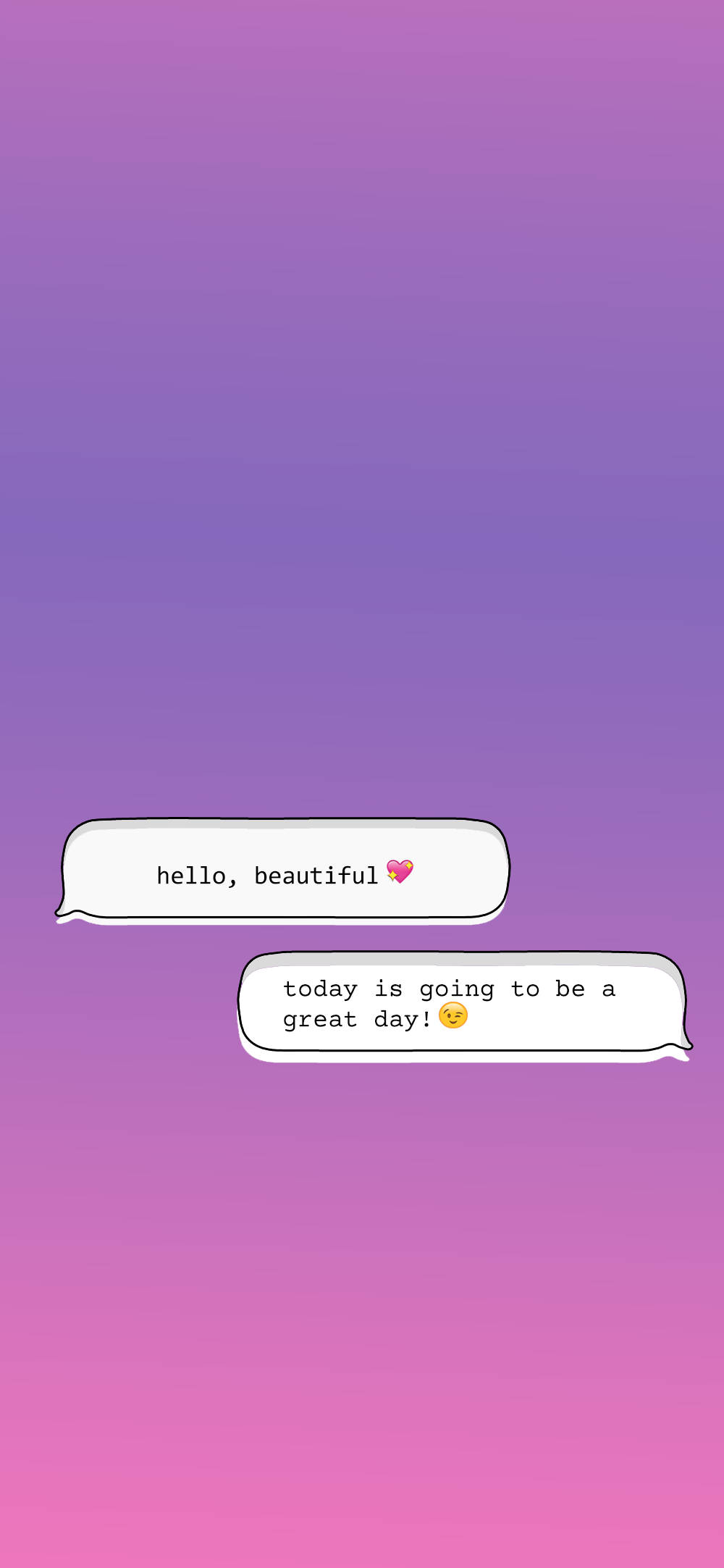 可愛 Instagram 對話背景 壁紙 — 兩個白色對話氣泡在柔和的紫色到粉紅色漸變背景上，包含帶有心形和笑臉表情符號的愉快文字訊息。