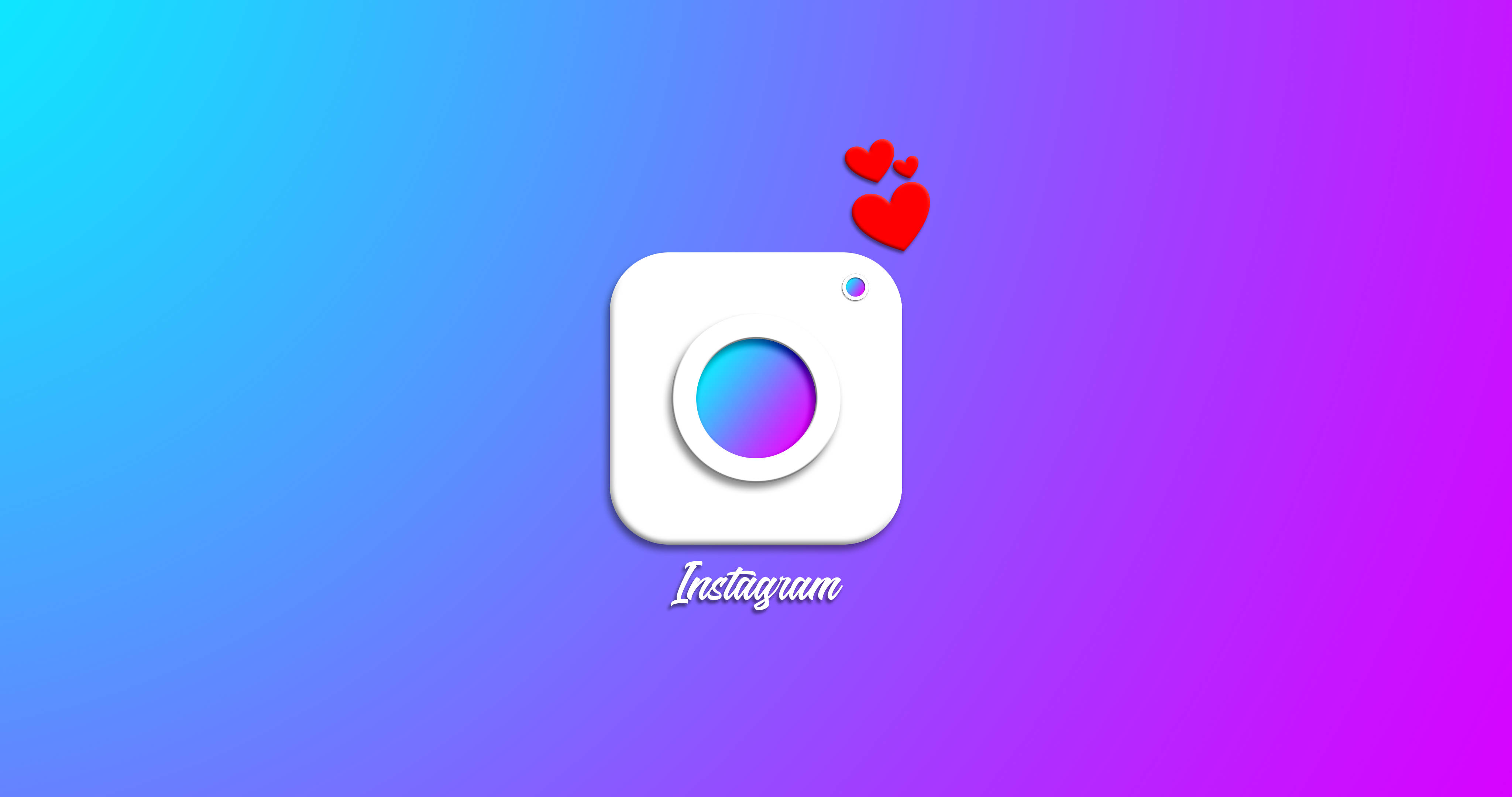 可愛 Instagram 標誌配心形 壁紙 — Instagram 標誌，帶有漂浮的紅色心形，背景為充滿活力的藍色到紫色漸變。