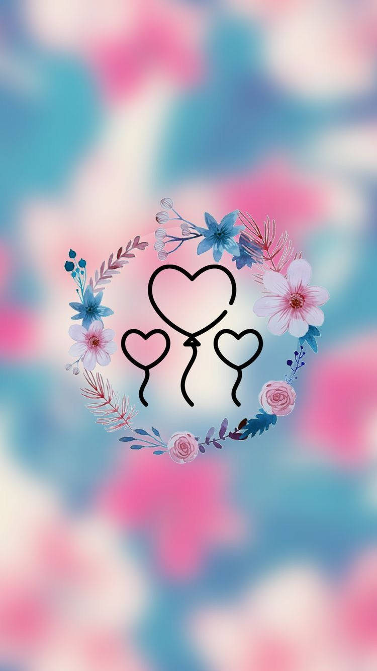 可愛 Instagram 花卉主題背景 壁紙 — 精緻的花環環繞著三個心形氣球，背景是柔和的粉紅色和藍色模糊效果。