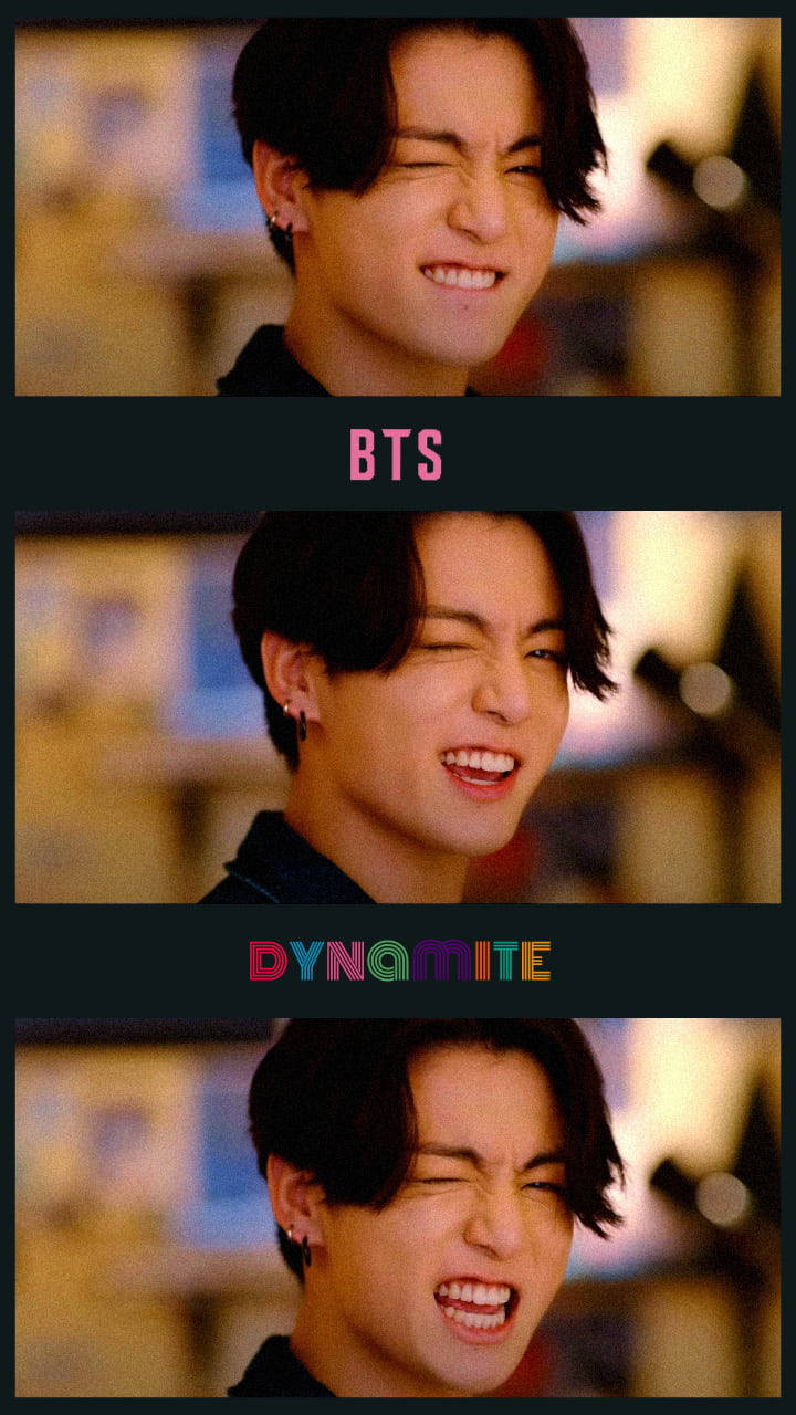 K-pop 藝人的三個歡樂特寫，帶有 BTS 和 Dynamite 文字。