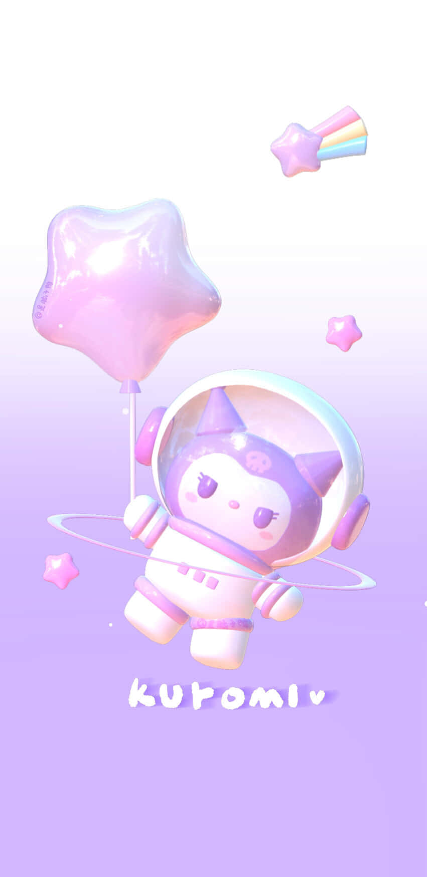 一隻卡通貓咪太空人拿著星星形狀的氣球在紫色天空中漂浮。