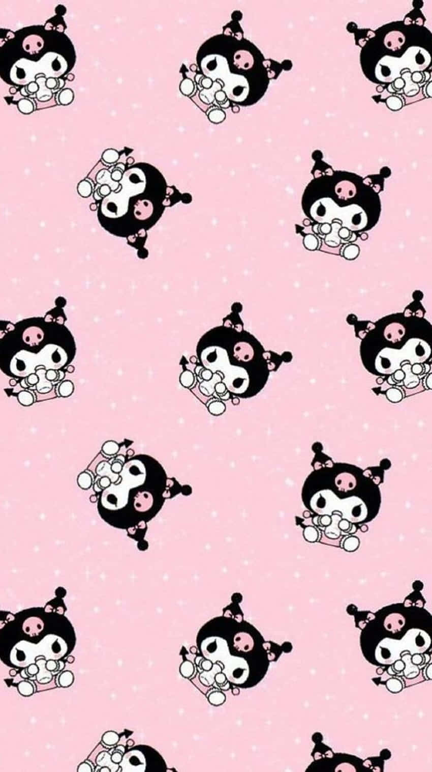 帶有重複 Kuromi 角色和白色圓點的粉紅色壁紙。