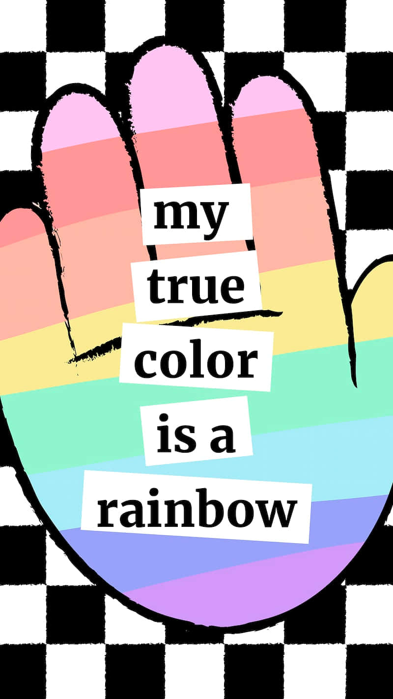 可愛 LGBT 柔和色調數位藝術 壁紙 — 一隻帶有彩虹條紋的風格化手，在黑白棋盤格背景上舉著寫有「我真正的顏色是彩虹」的文字。