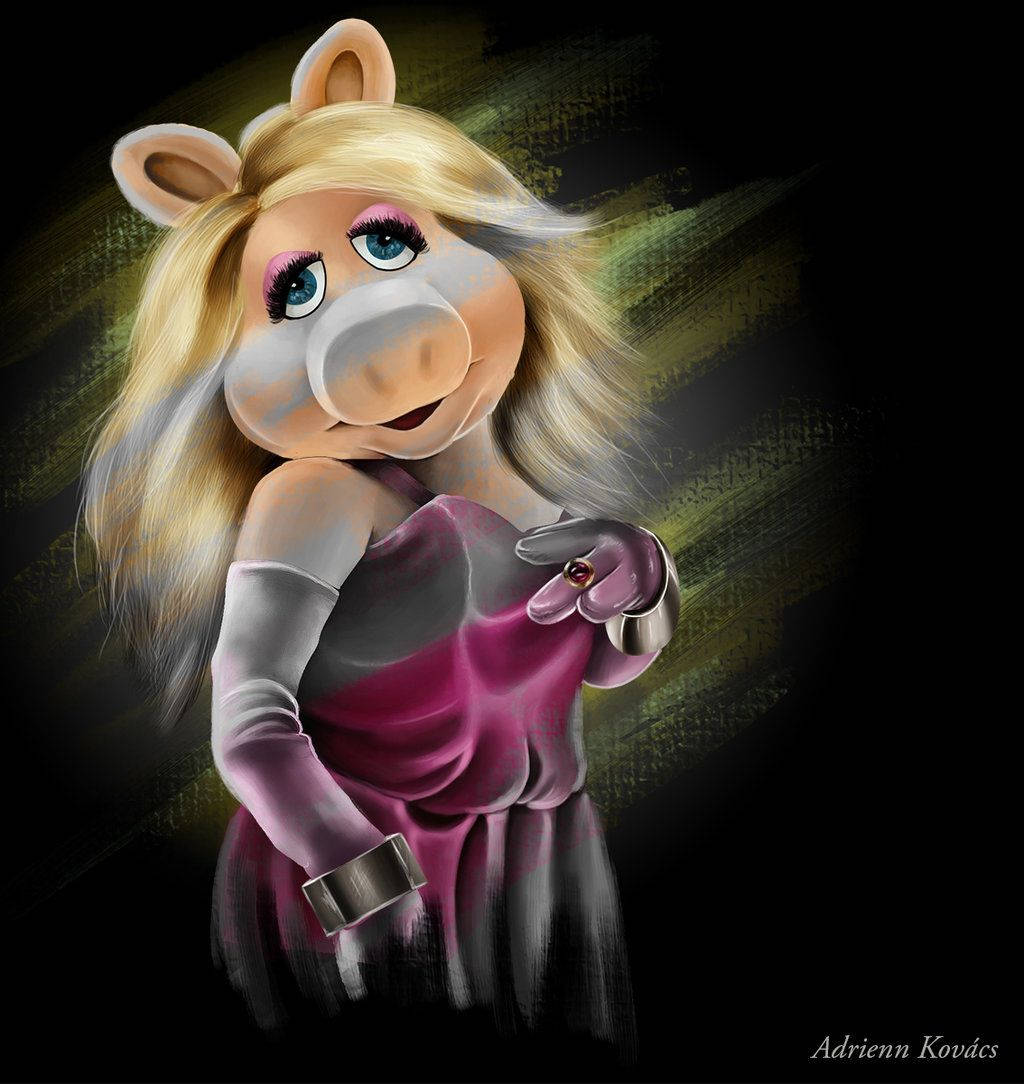 可愛 Miss Piggy 原創插畫 壁紙 — 豬小姐身穿華麗紫色連衣裙，在深色紋理背景和戲劇性燈光下自信地擺姿勢。