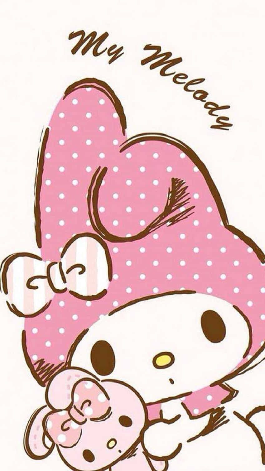 My Melody 卡通角色，戴住粉紅色圓點蝴蝶結，抱住一個細啲嘅自己。
