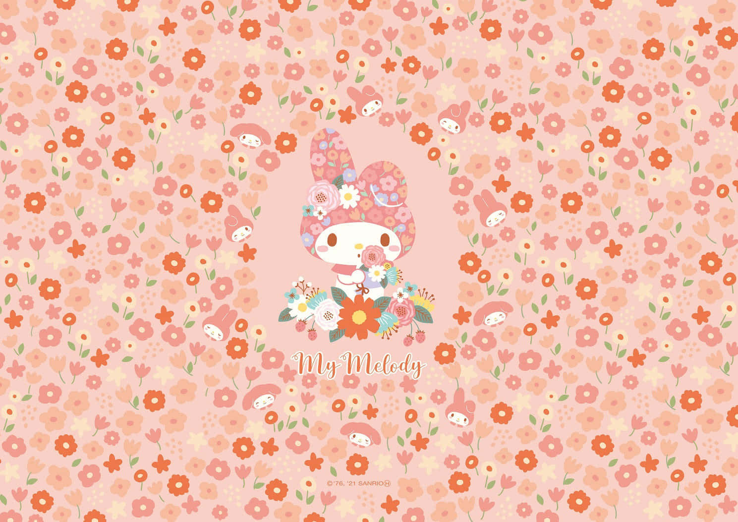 My Melody 在花卉圖案背景中手持花朵。