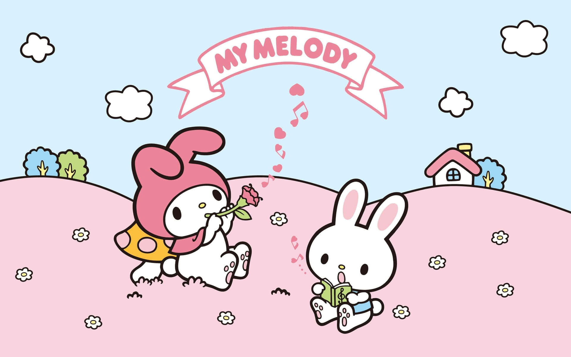 My Melody 和一隻兔子在粉紅色的山丘上分享花朵和音樂，背景有房子和雲朵。